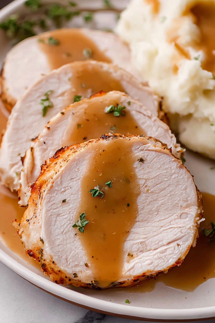 The image shows three thick slices of tender light pink turkey placed on a white plate. The turkey slices have a slightly browned edge and are covered with a smooth brown gravy poured over the top, dripping down the sides. Small pieces of chopped green herbs are sprinkled on the gravy for garnish. In the background, there is a glimpse of creamy mashed potatoes also topped with gravy. The plate is sitting on a surface with a white marbled texture. photo taken with an iphone --ar 2:3 --v 7
