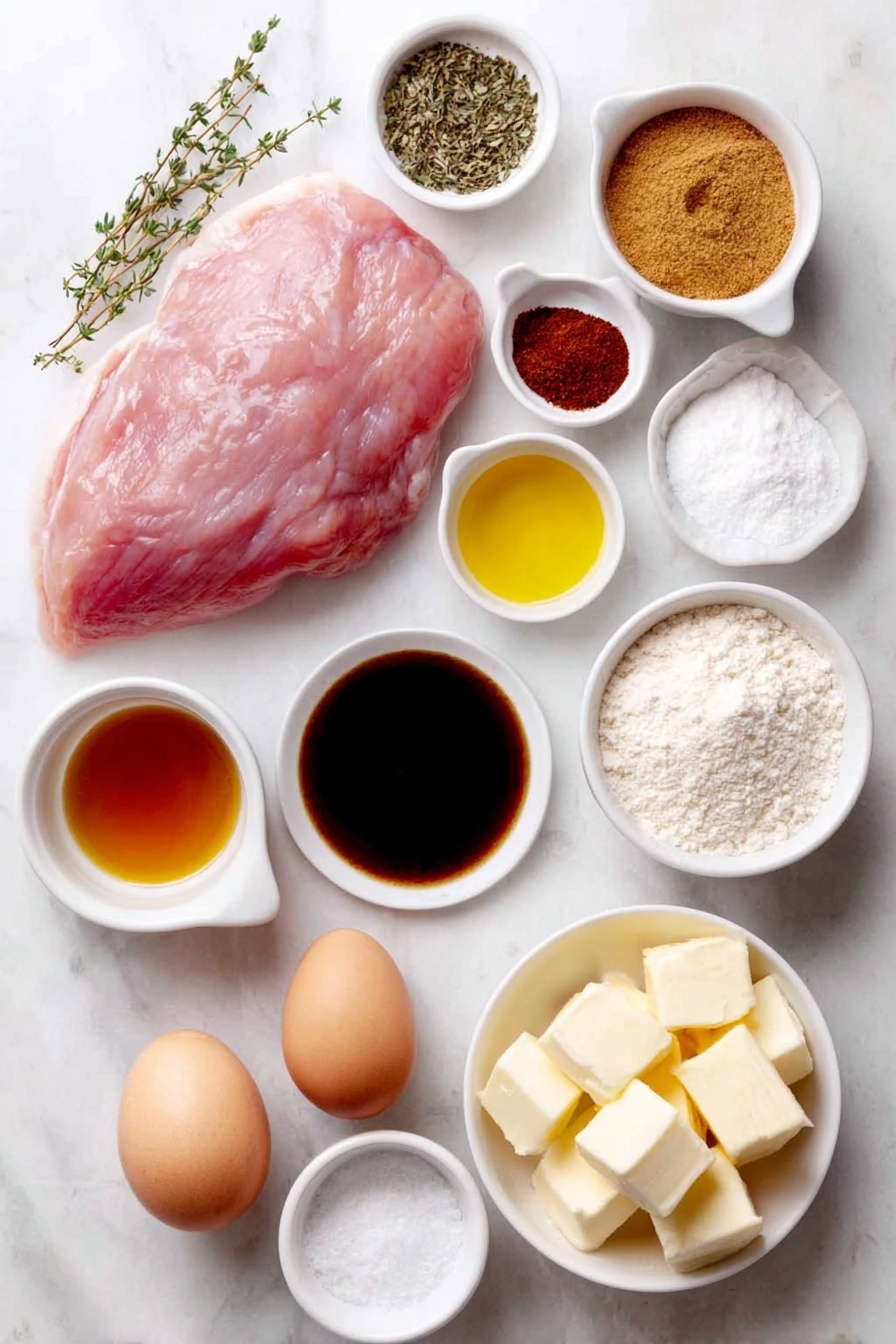 Flat lay of a raw boneless turkey breast roast with pale pink skin and smooth texture, a small white bowl filled with golden maple syrup, a small white bowl of rich amber bourbon, a small white bowl of light brown packed brown sugar, a small white bowl containing glossy golden honey, a small white bowl with dark soy sauce, a small white bowl of whole grain mustard speckled with mustard seeds, a small white bowl with pale unsalted butter cubes, a small white bowl of all purpose flour powder, small white bowls each with reddish smoked paprika powder, light beige onion powder, off-white garlic powder, dried green thyme leaves, coarse kosher salt crystals, and cracked black peppercorns, arranged in perfect symmetry, placed on a clean white marble surface, soft natural light, photo taken with an iPhone, professional food photography style, fresh ingredients, white ceramic bowls, no bottles, no duplicates, no utensils, no packaging --ar 2:3 --v 7 --p m7354615311229779997