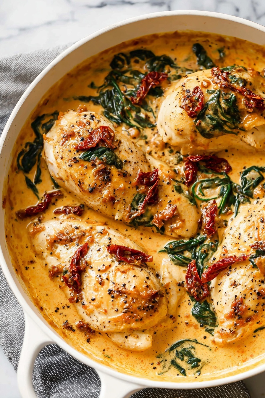 The image shows four cooked chicken pieces in a white pan, covered in a thick, creamy light orange sauce. The sauce has green spinach leaves and pieces of dark red sun-dried tomatoes spread throughout. The chicken pieces are lightly browned with black pepper sprinkled on top. The pan is placed on a gray cloth, and the background has a white marbled texture. photo taken with an iphone --ar 2:3 --v 7