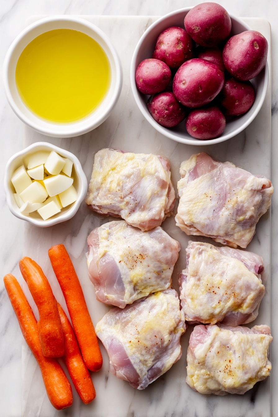 Flat lay of boneless skinless chicken thighs seasoned with smoked paprika, coarse salt, and black pepper, a handful of halved baby red potatoes, a cluster of fresh baby carrots, a medium chopped red onion, three whole uncracked garlic cloves, small white ceramic bowls holding golden olive oil, rich chicken broth, and clear water, plus a small white bowl with white cornstarch powder, all arranged symmetrically on a clean white marble surface, soft natural light, photo taken with an iPhone, professional food photography style, fresh ingredients, white ceramic bowls, no bottles, no duplicates, no utensils, no packaging --ar 2:3 --v 7 --p m7354615311229779997