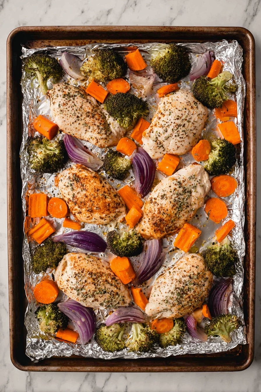 A baking tray lined with crinkled aluminum foil holds five golden brown cooked chicken pieces spread evenly in the center, each seasoned with herbs and black pepper. Around the edges of the tray are several bright orange carrot sticks, dark green broccoli florets, and purple onion wedges, all roasted and showing slight charring. The tray rests on a white marbled textured surface next to a blue cloth with white trimming. photo taken with an iphone --ar 2:3 --v 7