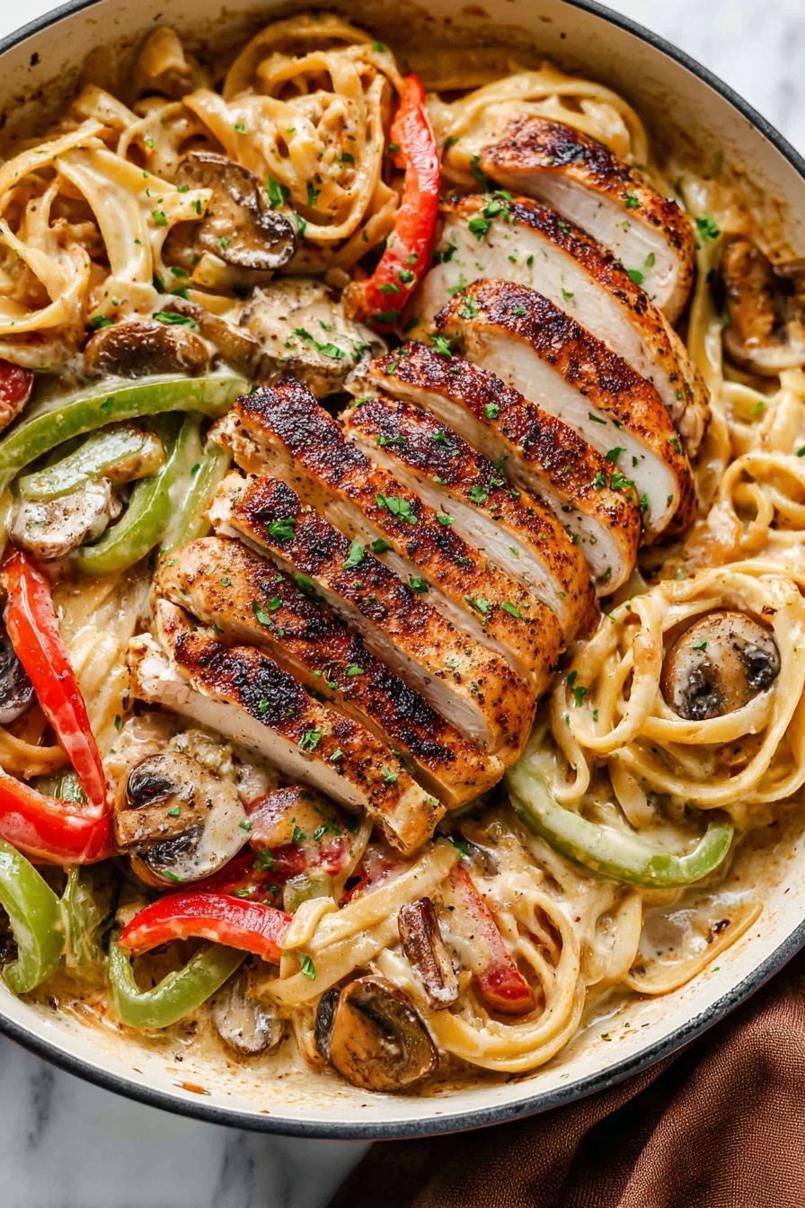 The image shows a close-up of a white bowl filled with a noodle dish. The bottom layer is made up of light brown noodles mixed with sautéed vegetables like green bell peppers, red bell peppers, and mushrooms. On top of this is a layer of sliced grilled chicken arranged neatly in a fan shape, with a golden-brown seared crust and a slightly spicy seasoning visible. The chicken is garnished with small bits of green herbs. In the background, a rustic pan with more food slightly out of focus sits on a white marbled surface, and a fork is placed behind the bowl. The photo taken with an iphone --ar 2:3 --v 7