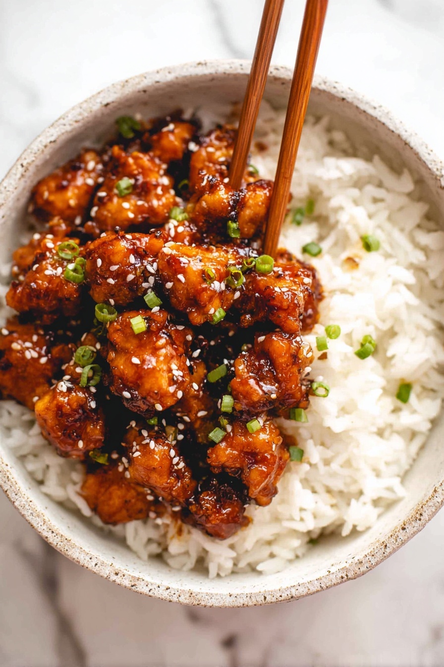 A white speckled bowl filled with a base layer of white rice, topped with a thick heap of small, glossy orange-brown chicken pieces covered in a shiny sauce. The chicken is garnished with small green onion slices and sprinkled with white sesame seeds. A pair of wooden chopsticks holds a piece of the sauced chicken above the rice, with part of the chopsticks resting on the bowl's edge. The bowl is set on a white marbled surface. Photo taken with an iphone --ar 2:3 --v 7