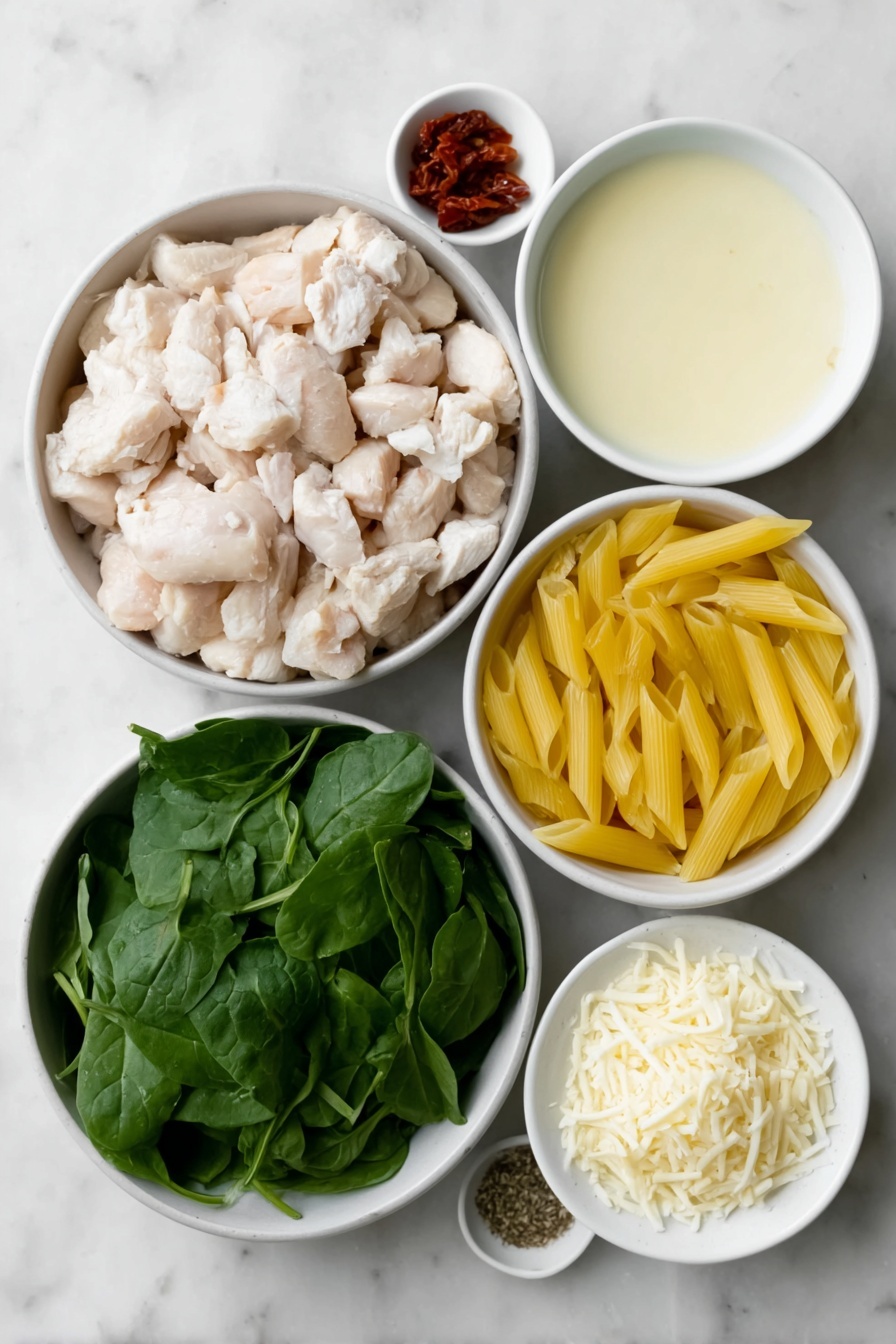 Flat lay of two raw diced chicken breasts with pink flesh, a small pile of uncooked penne pasta, a small white ceramic bowl filled with heavy cream, another small white bowl filled with golden chicken broth, a simple white plate with fresh chopped green spinach leaves, a small white bowl containing bright red chopped sundried tomatoes, a small white bowl with mixed dried Italian seasoning herbs, a small white bowl of pale garlic powder, a small white bowl of fine onion powder, a small white bowl of coarse salt, a small white bowl with cracked black pepper, a small white bowl heaped with shredded parmesan cheese, and a small white bowl of grated mozzarella cheese, all arranged symmetrically on a clean white marble surface, soft natural light, photo taken with an iPhone, professional food photography style, fresh ingredients, white ceramic bowls, no bottles, no duplicates, no utensils, no packaging --ar 2:3 --v 7 --p m7354615311229779997
