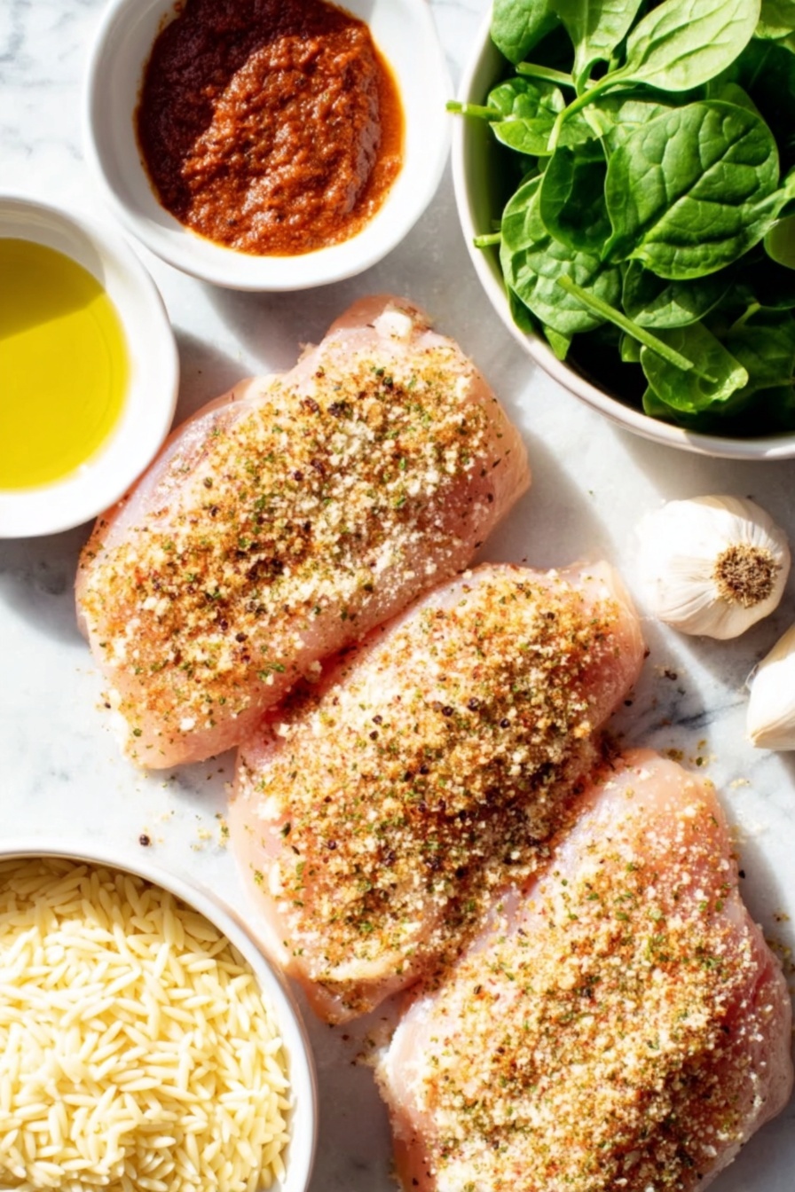 Flat lay of thin raw chicken breasts seasoned with cracked sea salt, black pepper, garlic powder and paprika, three whole uncracked garlic cloves, a small white ceramic bowl with golden olive oil, a small white ceramic bowl filled with white wine, a small white ceramic bowl of low sodium chicken broth, a small white ceramic bowl of Italian seasoning herbs, a small white ceramic bowl of crushed red pepper flakes, a small white ceramic bowl of uncooked orzo pasta, a small white ceramic bowl with heavy cream, a small white ceramic bowl of grated parmesan cheese, a small white ceramic bowl with vibrant red tomato paste, two handfuls of fresh baby spinach leaves, placed on a clean white marble surface, soft natural light, photo taken with an iPhone, professional food photography style, fresh ingredients, white ceramic bowls, no bottles, no duplicates, no utensils, no packaging --ar 2:3 --v 7 --p m7354615311229779997