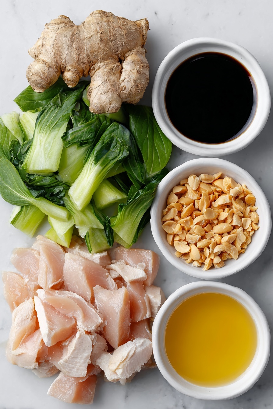 Flat lay of a small fresh ginger knob with skin, six peeled garlic cloves, a medium red onion cut into chunks, thin sliced raw chicken breast strips, roughly chopped baby bok choy leaves and stems, a small handful of fresh Thai basil leaves, a small pile of dry-roasted peanuts, a small white ceramic bowl of dark reduced sodium soy sauce, a small white ceramic bowl of clear rice vinegar, a small white ceramic bowl of toasted sesame oil, a small white ceramic bowl of granulated sugar, a small white ceramic bowl of red chili paste, a small white ceramic bowl of cornstarch, placed on a clean white marble surface, soft natural light, photo taken with an iPhone, professional food photography style, fresh ingredients, white ceramic bowls, no bottles, no duplicates, no utensils, no packaging --ar 2:3 --v 7 --p m7354615311229779997