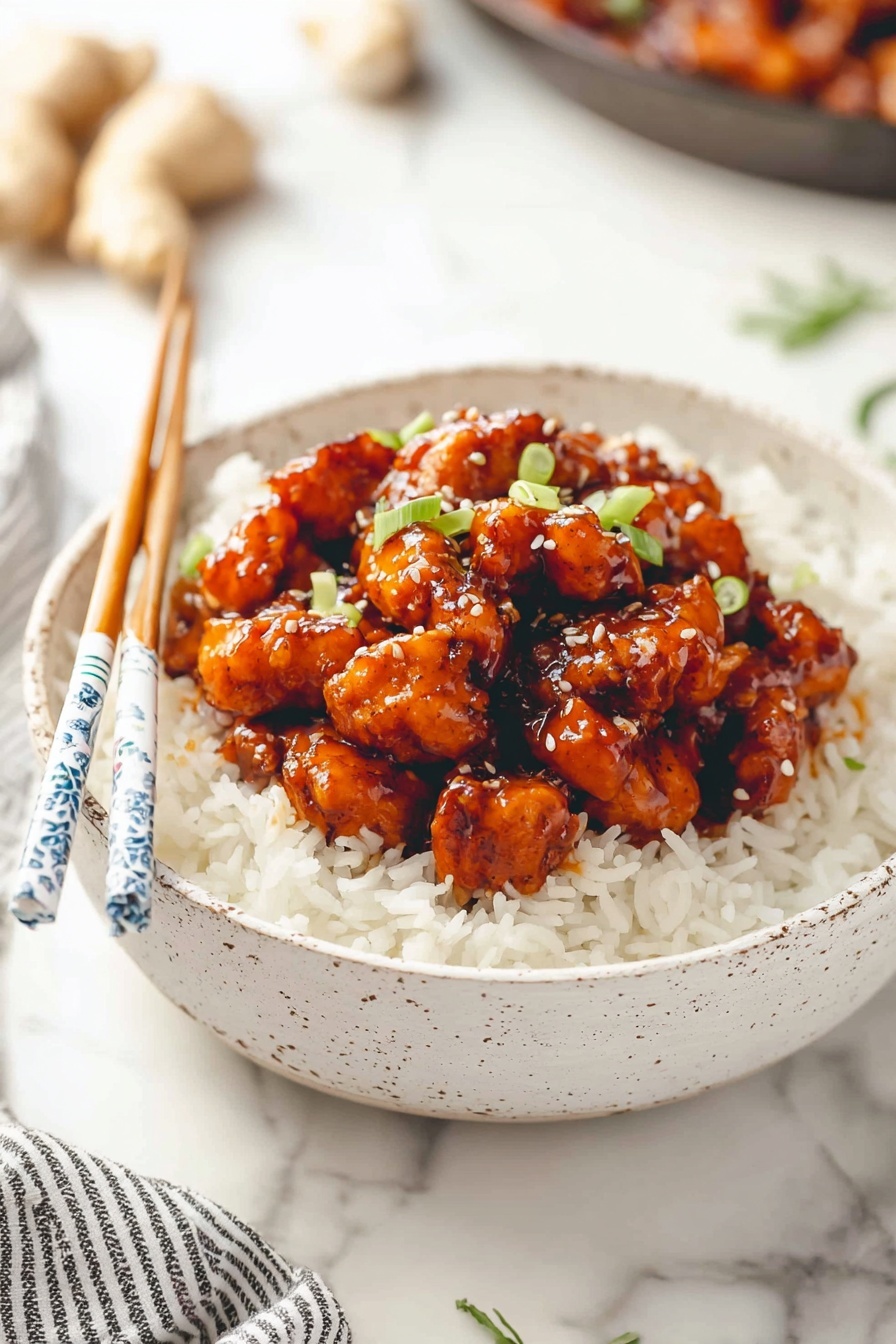 A white bowl filled with a base layer of fluffy white rice topped with a layer of small, glossy orange-brown chunks of chicken coated in thick sauce, garnished with small pieces of green onion scattered on top, with a pair of wooden chopsticks resting on the edge of the bowl. The bowl is on a white marbled surface with a blurred background showing a ginger root and a bowl of more chicken pieces. Photo taken with an iphone --ar 2:3 --v 7