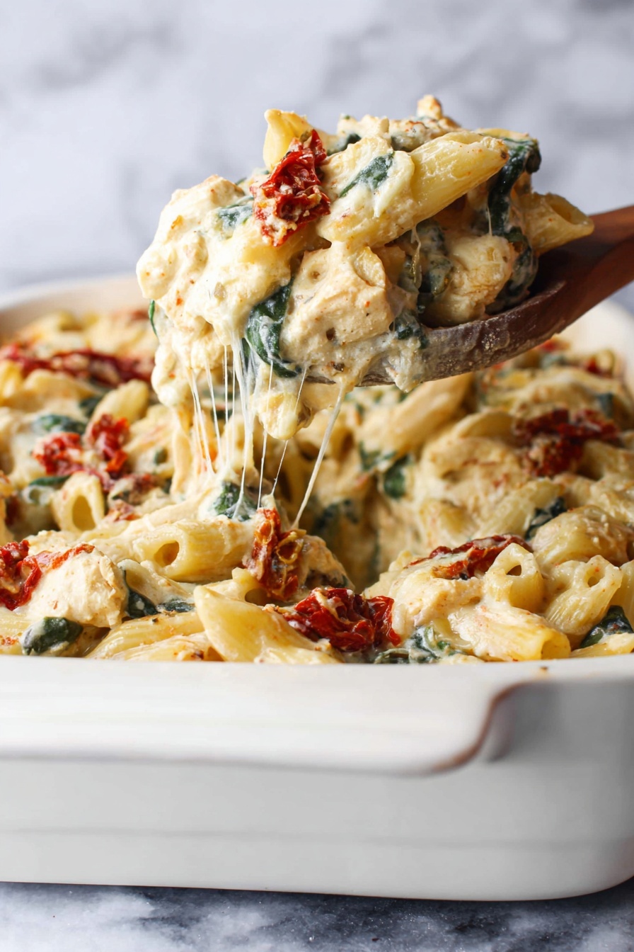 A white rectangular baking dish filled with creamy pasta. The pasta is penne, yellowish in color, mixed with chunks of white chicken, dark green spinach leaves, and strips of dried red tomatoes. The creamy sauce is light beige and covers the pasta and other ingredients evenly. A wooden spoon rests inside the dish, partially stirring the pasta in the bottom right corner. The edges of the dish have some sauce baked and slightly browned. The background is a white marbled surface with some green spinach leaves placed loosely on the top right. Photo taken with an iphone --ar 2:3 --v 7