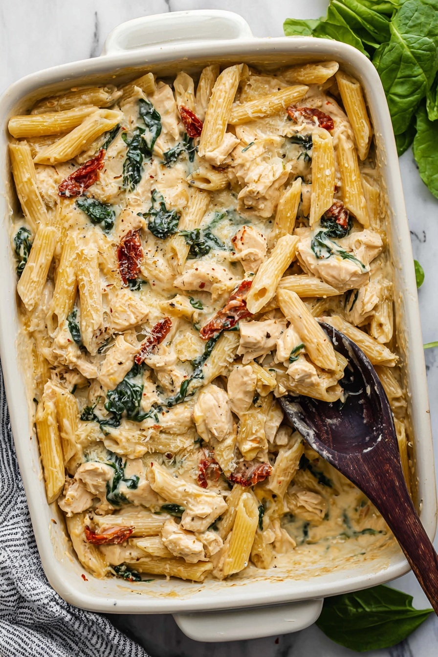 The image shows a white baking dish filled with creamy pasta. The dish has three visible layers: the bottom layer is a mix of cooked penne pasta in a pale yellow color, the middle layer is creamy white sauce mixed with chunks of light beige chicken and bright red sun-dried tomatoes, and the top layer has dark green wilted spinach scattered throughout. A wooden spoon is lifting a large scoop of the pasta, with melted cheese stretching slightly as it is lifted. The background is a white marbled surface. photo taken with an iphone --ar 2:3 --v 7