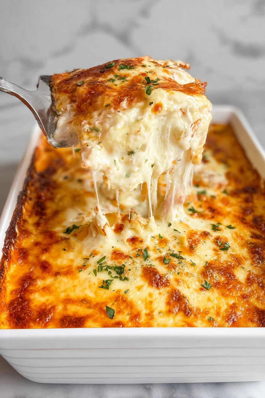 A white baking dish filled with a baked cheesy casserole showing three layers: a creamy white sauce with small green herb pieces, a middle layer of pasta covered with gooey melted cheese, and a golden-browned cheese crust sprinkled with chopped green herbs on top; a woman's hand is lifting a large, stringy, melted cheese section from the dish, stretching the cheese in long strands. The dish sits on a white marbled surface. photo taken with an iphone --ar 2:3 --v 7