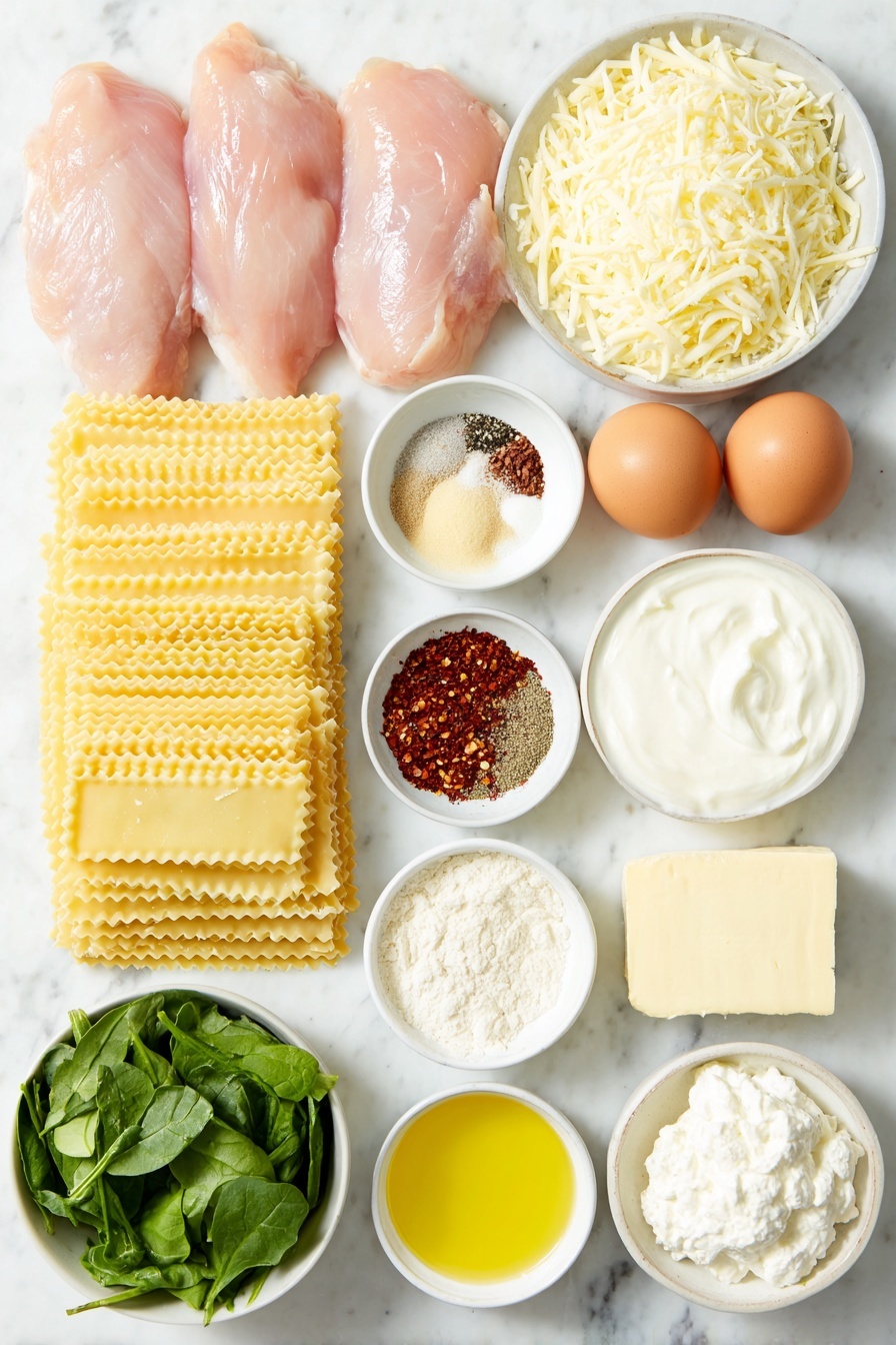 Flat lay of twelve uncooked lasagna noodle sheets neatly stacked, three plump raw chicken breasts with smooth skin, a small white bowl of golden olive oil, a small white bowl filled with deep red smoked paprika powder, a small white bowl of bright orange cayenne pepper powder, a small white bowl containing light beige onion powder, a small white bowl of brown sugar crystals, a small white bowl of pale garlic powder, a small white bowl of ground black pepper, a small white bowl of fine white salt, a small white bowl of dried green thyme leaves, a small white bowl of dried oregano flakes, six large whole garlic cloves with papery skins, a pale yellow block of butter, a creamy half-block of soft cream cheese, a mound of white ricotta cheese, a small mound of deep green well-drained chopped spinach, an unshredded block of white mozzarella cheese, an unshredded block of marbled colby jack cheese, a small white bowl of grated parmesan cheese, two whole brown eggs with clean shells for natural contrast — all ingredients arranged with perfect symmetry on a clean white marble surface, soft natural light, photo taken with an iPhone, professional food photography style, fresh ingredients, white ceramic bowls, no bottles, no duplicates, no utensils, no packaging --ar 2:3 --v 7 --p m7354615311229779997