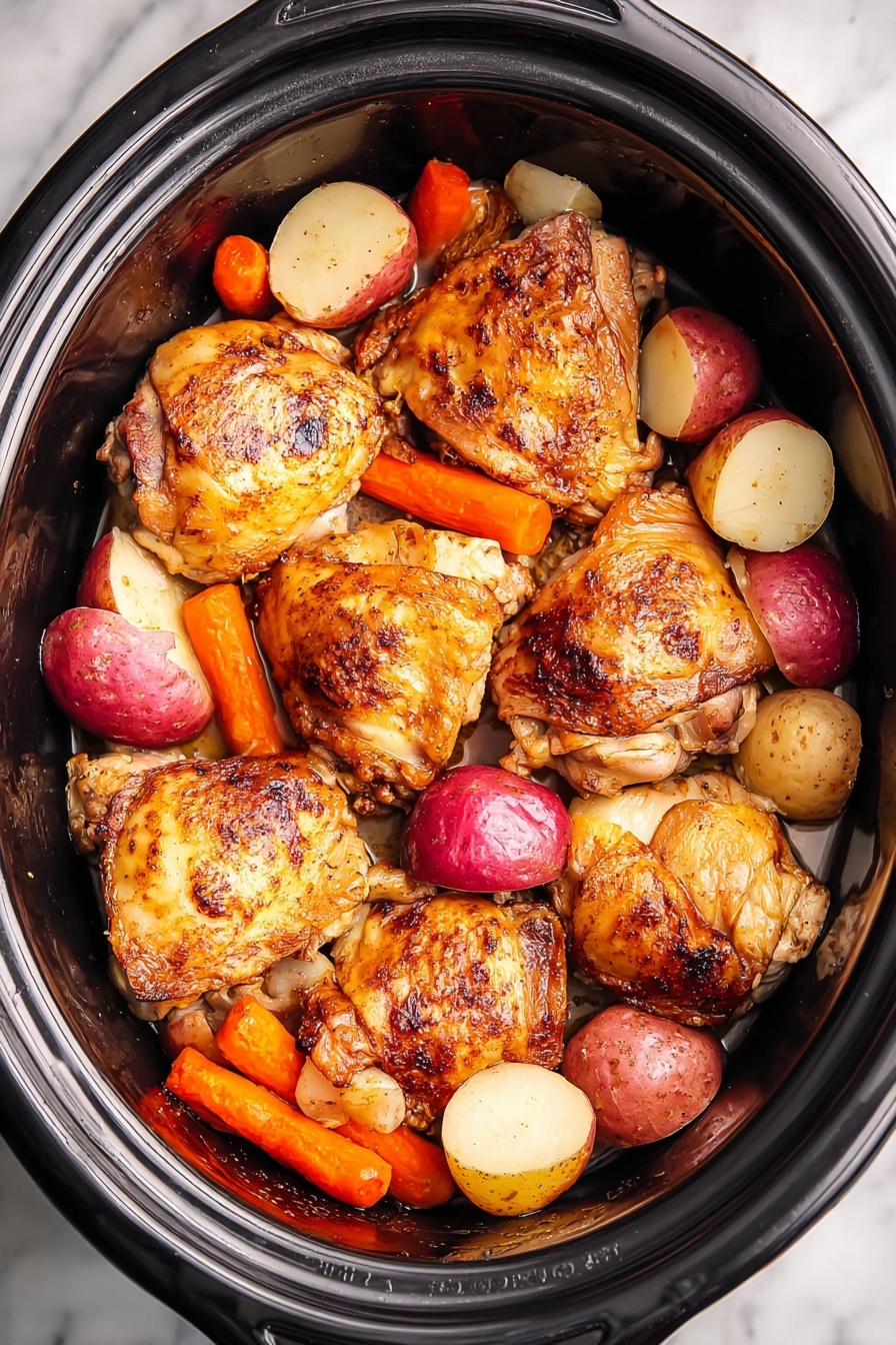 The image shows a slow cooker full of cooked chicken thighs with a crispy golden-brown skin on top, spread evenly across the surface. Below the chicken thighs, there is a layer of small, round red potatoes and baby carrots, their colors showing soft red and bright orange hues. The ingredients sit in a light broth that pools slightly around them at the bottom of the cooker, all resting inside a shiny black slow cooker pot placed on a white marbled surface. photo taken with an iphone --ar 2:3 --v 7