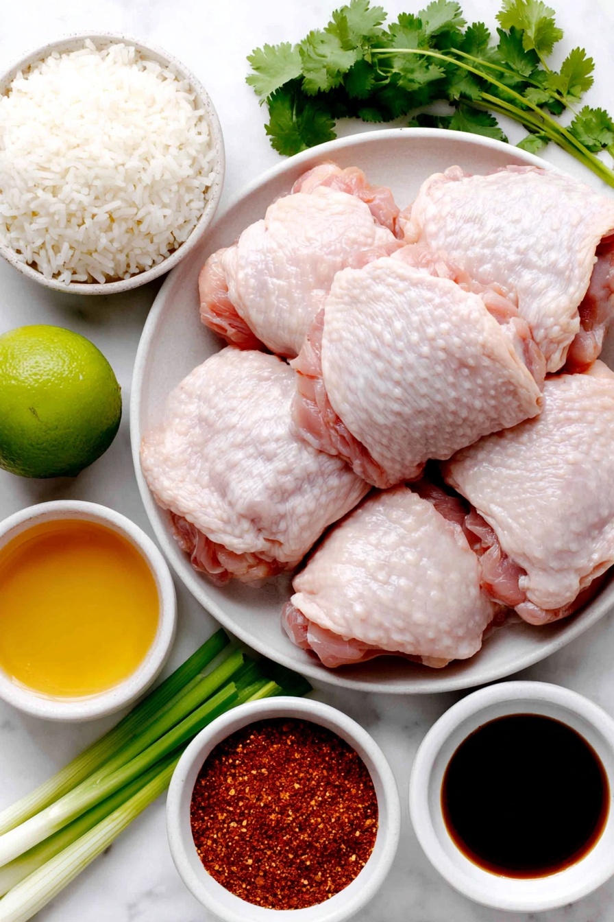 Flat lay of raw whole chicken thighs with skin, a small white bowl of golden avocado oil, a small white bowl of amber honey, a small white bowl of dark tamari sauce, four peeled garlic cloves, a small white bowl of apple cider vinegar, a small white bowl of red paprika powder, a small white bowl of beige onion powder, a small white bowl of cooked white rice, a few bright green sliced green onions, a small bunch of fresh green cilantro leaves, and a halved fresh lime with visible juice droplets placed on a clean white marble surface, soft natural light, photo taken with an iPhone, professional food photography style, fresh ingredients, white ceramic bowls, no bottles, no duplicates, no utensils, no packaging --ar 2:3 --v 7 --p m7354615311229779997
