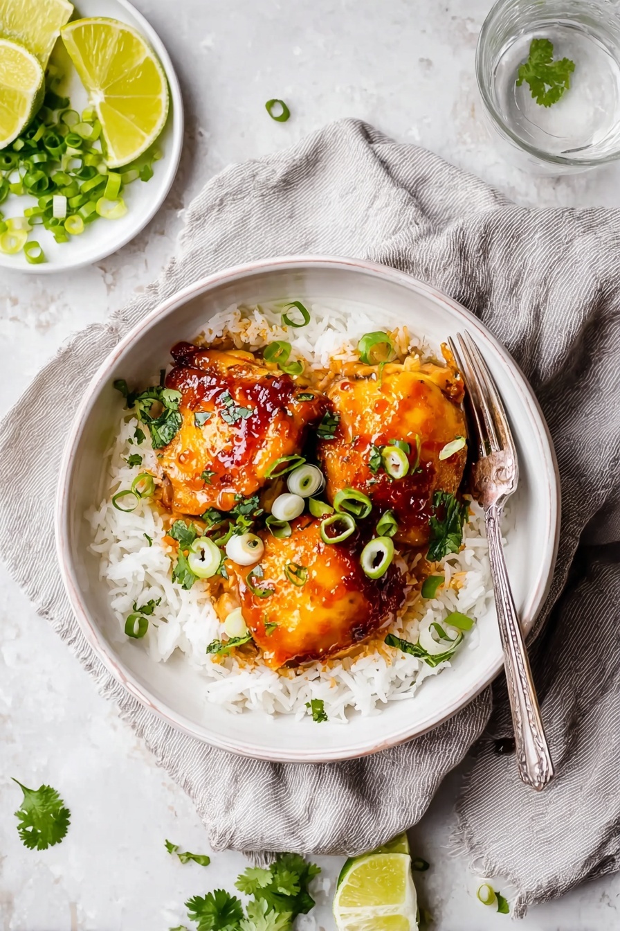 A white bowl filled with a base layer of fluffy white rice topped with two pieces of glazed orange-brown chicken, covered in a shiny sauce with visible small bits of garlic or spices. The chicken is garnished with bright green slices of scallions and fresh green cilantro leaves scattered on top and around the dish. The bowl sits on a light gray linen cloth on a white marbled surface. To the left, a silver fork is placed beside several small pieces of scallion, and in the background, a round white plate with lime wedges and chopped scallions is visible along with a clear glass of water. photo taken with an iphone --ar 2:3 --v 7