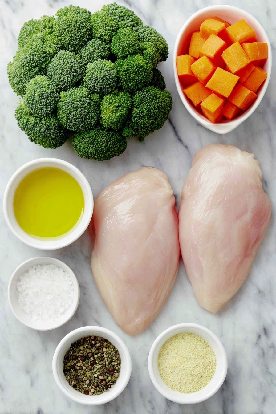 Flat lay of two boneless, skinless chicken breasts, a small pile of fresh broccoli florets cut into bite-sized pieces, three large whole carrots with bright orange skin, a few sprigs of dried Italian seasoning herbs in a small white ceramic bowl, coarse kosher salt crystals in another small white bowl, finely ground garlic powder in a white bowl, onion powder in a separate white bowl, cracked black peppercorns freshly ground in a white bowl, and golden olive oil in a small white bowl, all arranged symmetrically on a clean white marble surface, soft natural light, photo taken with an iPhone, professional food photography style, fresh ingredients, white ceramic bowls, no bottles, no duplicates, no utensils, no packaging --ar 2:3 --v 7 --p m7354615311229779997