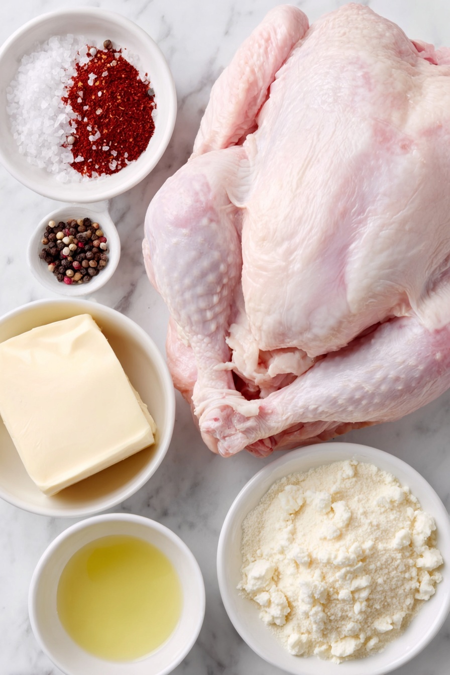 Flat lay of a whole raw turkey laid flat with wings tucked, a small white ceramic bowl of coarse kosher salt, a small white ceramic bowl of ground black pepper, a small white ceramic bowl of bright red paprika powder, a small white ceramic bowl of fine garlic powder, a small white ceramic bowl of pale onion powder, a small white ceramic bowl holding a portion of softened golden salted butter, and a small white ceramic bowl filled with clear olive oil, all ingredients fresh and natural, placed on a clean white marble surface, soft natural light, photo taken with an iPhone, professional food photography style, fresh ingredients, white ceramic bowls, no bottles, no duplicates, no utensils, no packaging --ar 2:3 --v 7 --p m7354615311229779997