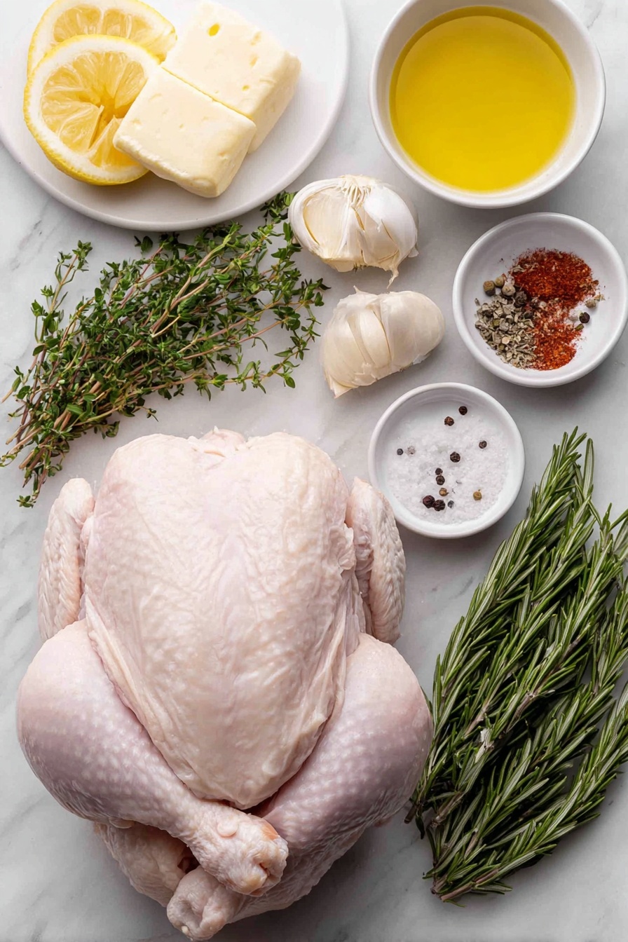 Flat lay of a whole raw chicken with pale pink skin, a small mound of unsalted butter at room temperature, a small white bowl of melted butter, a small white bowl of olive oil, one lemon whole and one lemon quartered, fresh sprigs of rosemary tied together and loose sprigs of thyme, a few sprigs of fresh chopped parsley, a small white bowl with chopped rosemary, thyme, minced garlic, and paprika powder, six whole garlic cloves peeled and minced, one garlic head cut in half horizontally showing individual cloves, a small pile of coarse salt, and a small pile of freshly ground black pepper, all arranged on simple white ceramic dishes placed on a clean white marble surface, soft natural light, photo taken with an iPhone, professional food photography style, fresh ingredients, white ceramic bowls, no bottles, no duplicates, no utensils, no packaging --ar 2:3 --v 7 --p m7354615311229779997