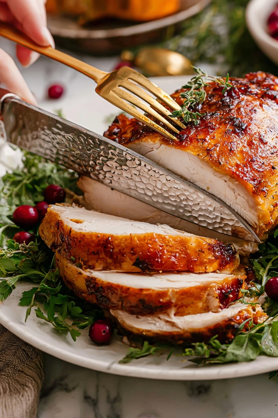 A white plate holds a golden brown roasted chicken breast being sliced with a hammered silver knife and pierced by a brass fork. The chicken has a shiny, slightly crispy skin with black pepper and fresh green herbs sprinkled on top. Around the chicken are fresh green herb sprigs and bright red cranberries, adding contrast and color. The plate sits on a white marbled surface, and a blurred background shows an orange mashed side dish. A woman's hand holds the fork, securing the chicken while it is sliced photo taken with an iphone --ar 2:3 --v 7