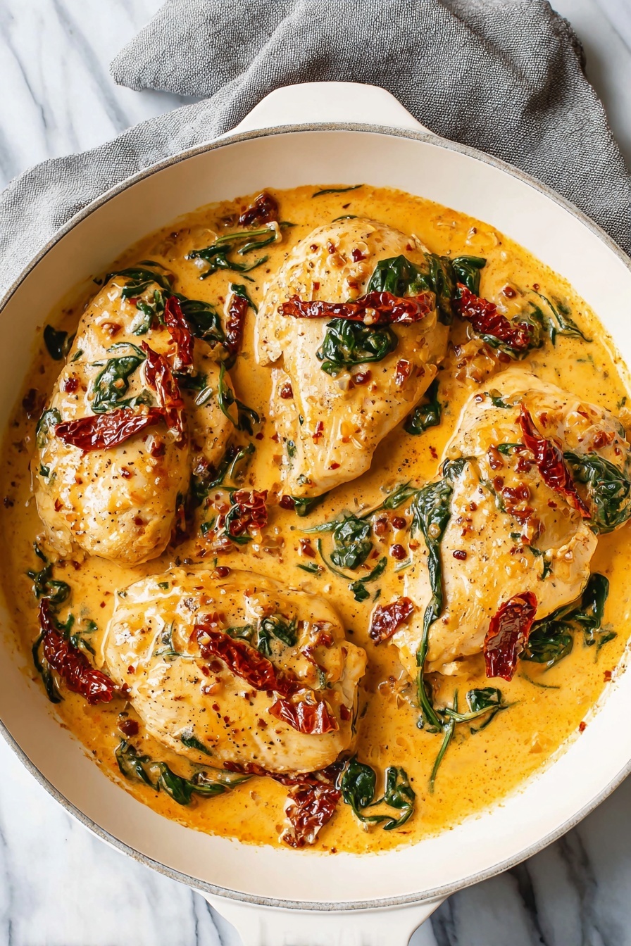 The image shows four thick chicken pieces in a white pan, covered with a creamy orange sauce mixed with wilted dark green spinach and deep red sun-dried tomatoes. The chicken is light golden with some black pepper spots, partially submerged in the sauce, which has a smooth texture. The pan is set on a white marbled surface with a gray cloth underneath, adding soft contrast. photo taken with an iphone --ar 2:3 --v 7