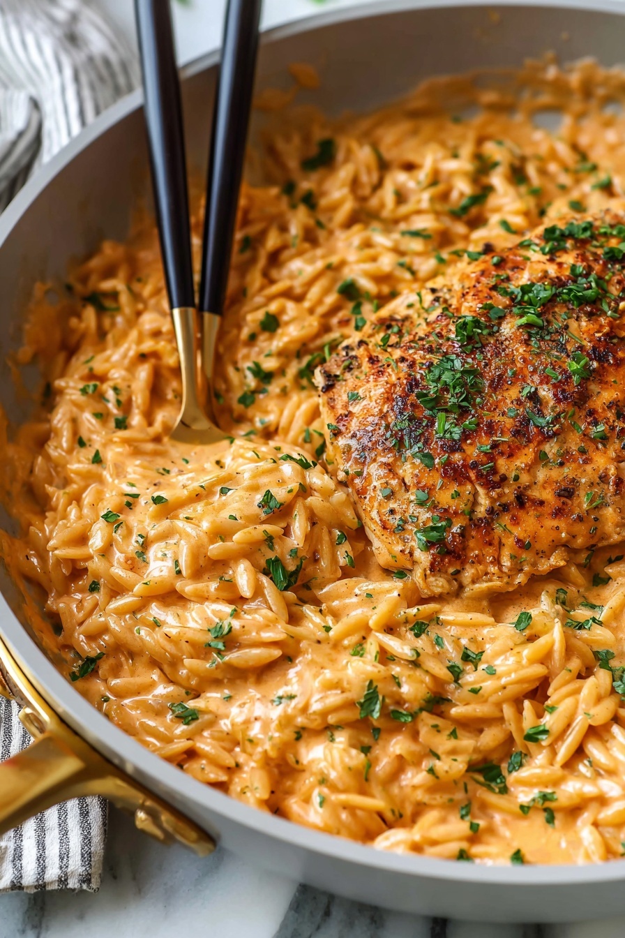 A close-up view shows a single cooked chicken breast with a golden-brown surface, seasoned with black pepper and chili flakes, sitting on a creamy orange sauce mixed with small pieces of pasta resembling orzo. The dish is sprinkled with fresh chopped green herbs, likely parsley, adding a vibrant contrast. The chicken and sauce fill a white pan with a shiny brass handle, and a pair of black and gold chopsticks lying over the chicken. The background features a white marbled surface with a striped napkin partly visible. The photo taken with an iphone --ar 2:3 --v 7