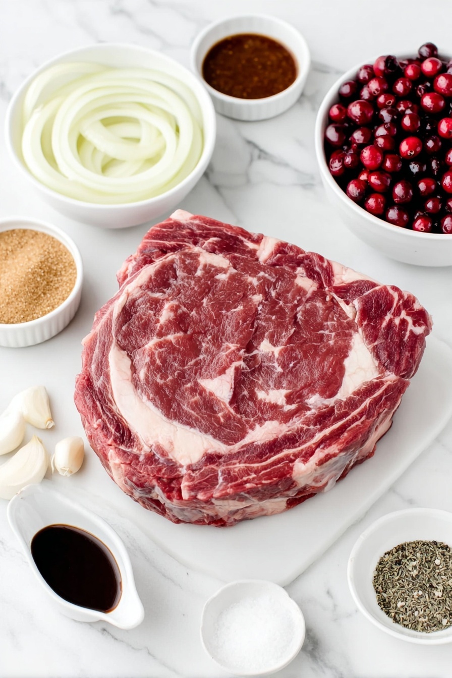 Flat lay of a large raw chuck roast with rich marbling, a whole large yellow onion sliced into even rings arranged neatly, a small white bowl filled with whole fresh cranberry sauce showcasing plump, glossy cranberries, another small white bowl holding light brown granulated brown sugar, four whole fresh garlic bulbs with unbroken white papery skins, a small white bowl containing pale beige dried minced onion flakes, a small white bowl of fine greenish-brown ground thyme, a small white bowl of coarse white kosher salt crystals, a small white bowl with fine black peppercorns, and a small white bowl holding dark brown Worcestershire sauce, all meticulously arranged in perfect symmetry on a simple white ceramic plate and bowls, placed on a clean white marble surface, soft natural light, photo taken with an iPhone, professional food photography style, fresh ingredients, white ceramic bowls, no bottles, no duplicates, no utensils, no packaging --ar 2:3 --v 7 --p m7354615311229779997