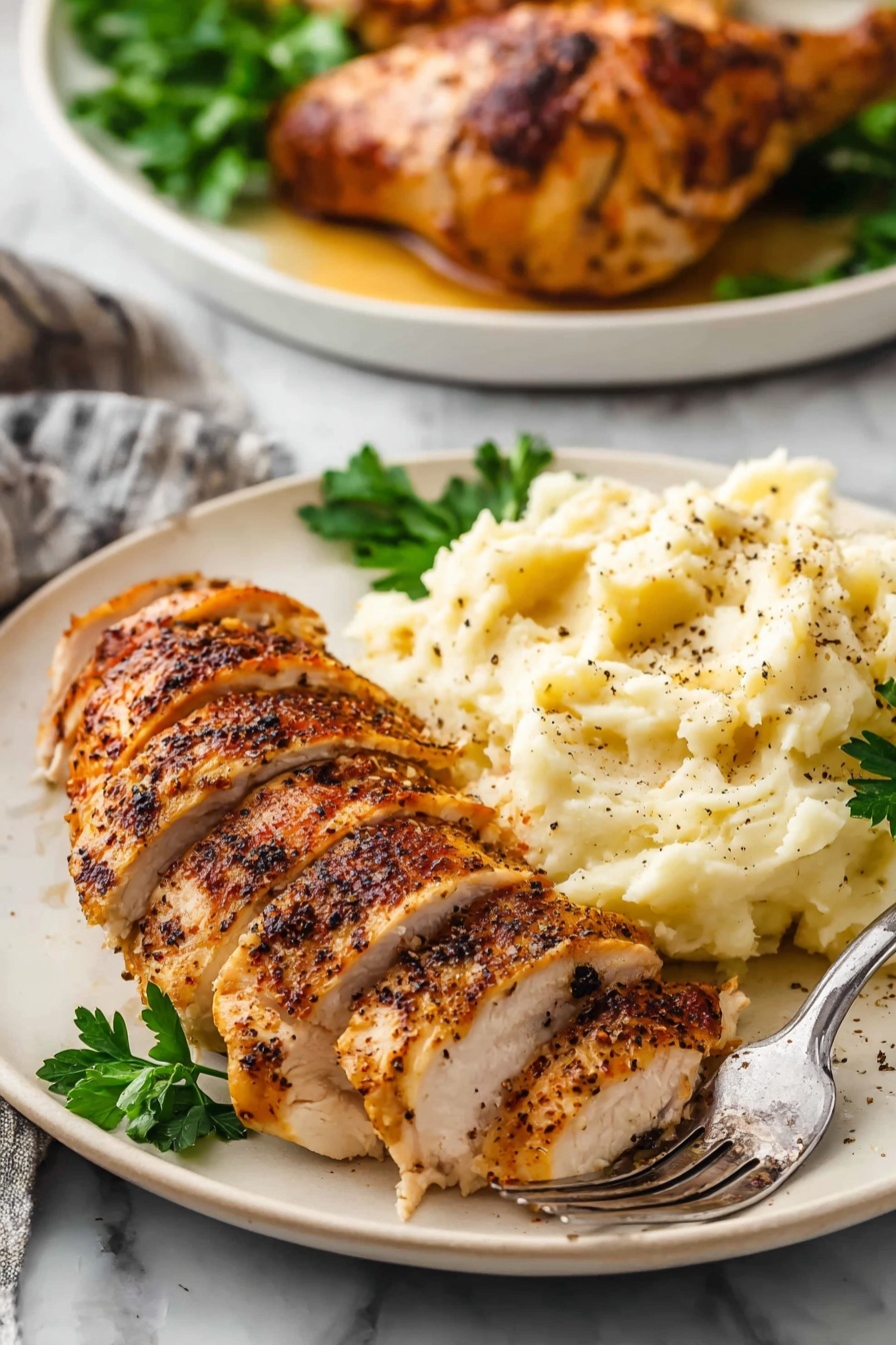A white plate holds two main layers: on the left, several thick slices of roasted chicken with a golden-brown crispy skin and dark pepper spots on top, arranged in a slight curve. A few sprigs of bright green parsley decorate the base under and next to the chicken. On the right side, a large scoop of creamy mashed potatoes with some black pepper flakes sprinkled on top, showing a soft and smooth texture with light lumps. A fork with a dark handle and silver neck is holding a small amount of mashed potatoes at the top right corner of the plate. The plate is placed on a white marbled surface, with a beige textured cloth and a black and white striped cloth partially visible underneath. The background shows a blurred plate with more roasted chicken and greenery. Photo taken with an iphone --ar 2:3 --v 7