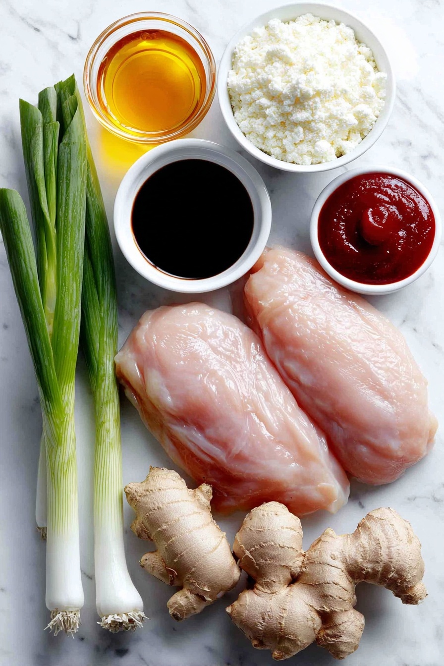 Flat lay of finely diced fresh ginger, two whole cloves of garlic, a small white ceramic bowl of golden honey, a small white ceramic bowl of dark soy sauce, a small white ceramic bowl of bright red ketchup, a small white ceramic bowl of toasted sesame oil, a small white ceramic bowl of white sesame seeds, raw boneless skinless chicken breasts, a small white ceramic bowl of white cornstarch, cooking oil in a small white ceramic bowl, two fresh green onion stalks with chopped green onions sprinkled nearby, all arranged symmetrically and balanced, placed on a clean white marble surface, soft natural light, photo taken with an iPhone, professional food photography style, fresh ingredients, white ceramic bowls, no bottles, no duplicates, no utensils, no packaging --ar 2:3 --v 7 --p m7354615311229779997