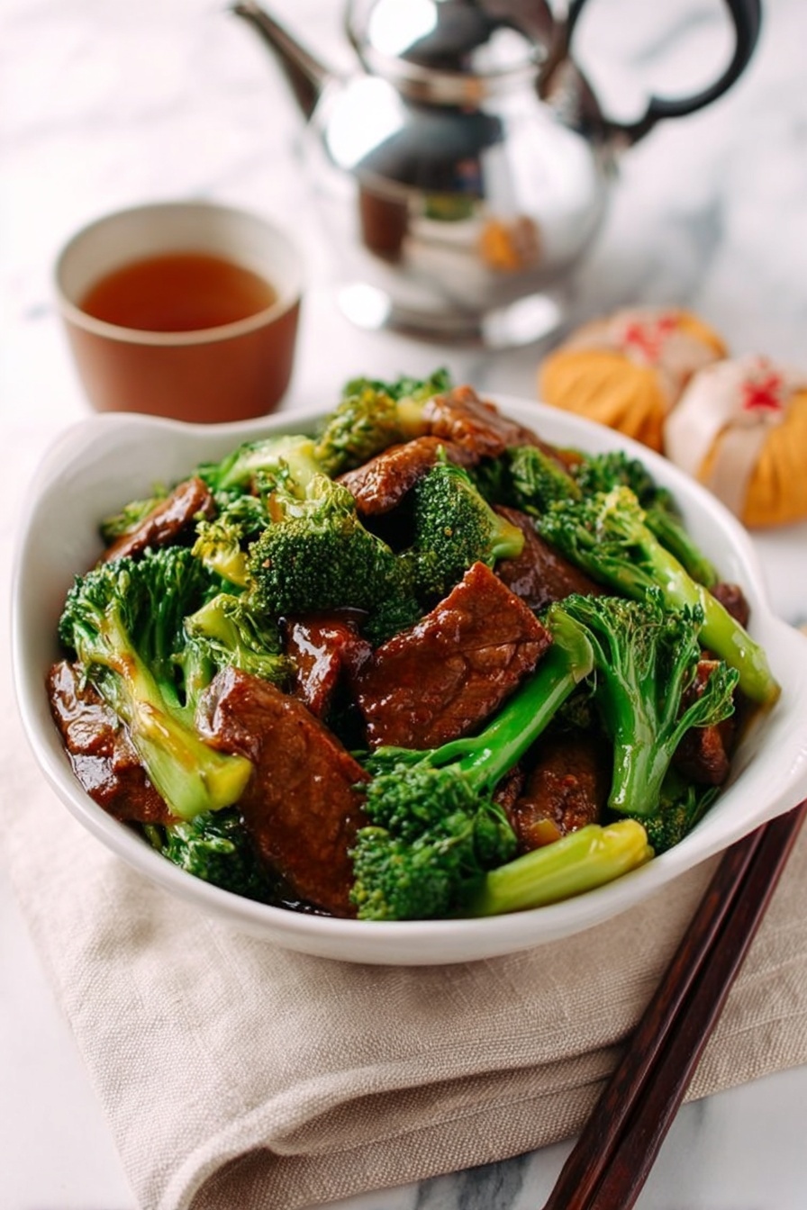 A white bowl filled with stir-fried broccoli and slices of glossy brown beef sits on a beige cloth on a white marbled surface. The broccoli is bright green with a firm texture, and the beef pieces are thick and coated with a shiny sauce, layered evenly throughout. In the background, there is a metal teapot and a small ceramic cup with a wrapped orange treat, creating a cozy dining scene. Photo taken with an iphone --ar 2:3 --v 7