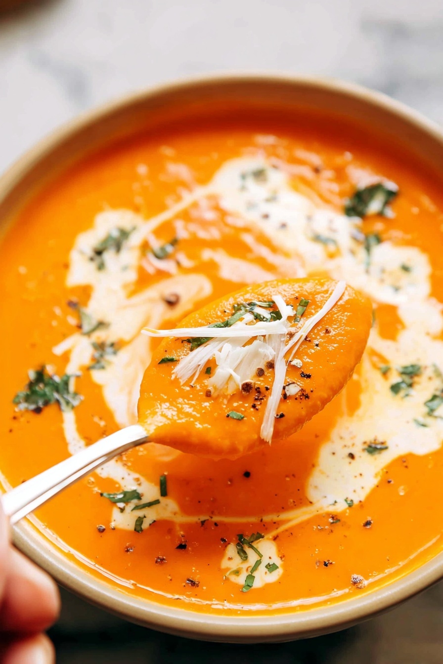 There are two bowls of bright orange tomato soup on a white marbled surface. Each bowl is white and filled with smooth tomato soup showing a swirled layer of white cream on top. The cream has light green chopped herbs sprinkled in the middle. One bowl in the front has two toasted golden brown bread pieces partially dipped into the soup on the right side. The orange soup has darker spots of black pepper scattered on its surface. The background has soft focus white and orange elements, enhancing the warm colors of the soup. photo taken with an iphone --ar 2:3 --v 7