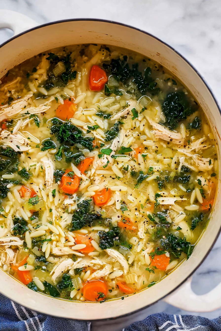A white pot filled with clear chicken broth soup with several layers of ingredients mixed together: at the bottom, small yellow orzo pasta pieces; scattered shredded white chicken pieces on top; orange carrot slices and green kale leaves adding color; sprinkled finely chopped green herbs on the surface; specks of black pepper spread evenly. The pot is on a white marbled surface with a blue and white striped cloth nearby. Photo taken with an iphone --ar 2:3 --v 7
