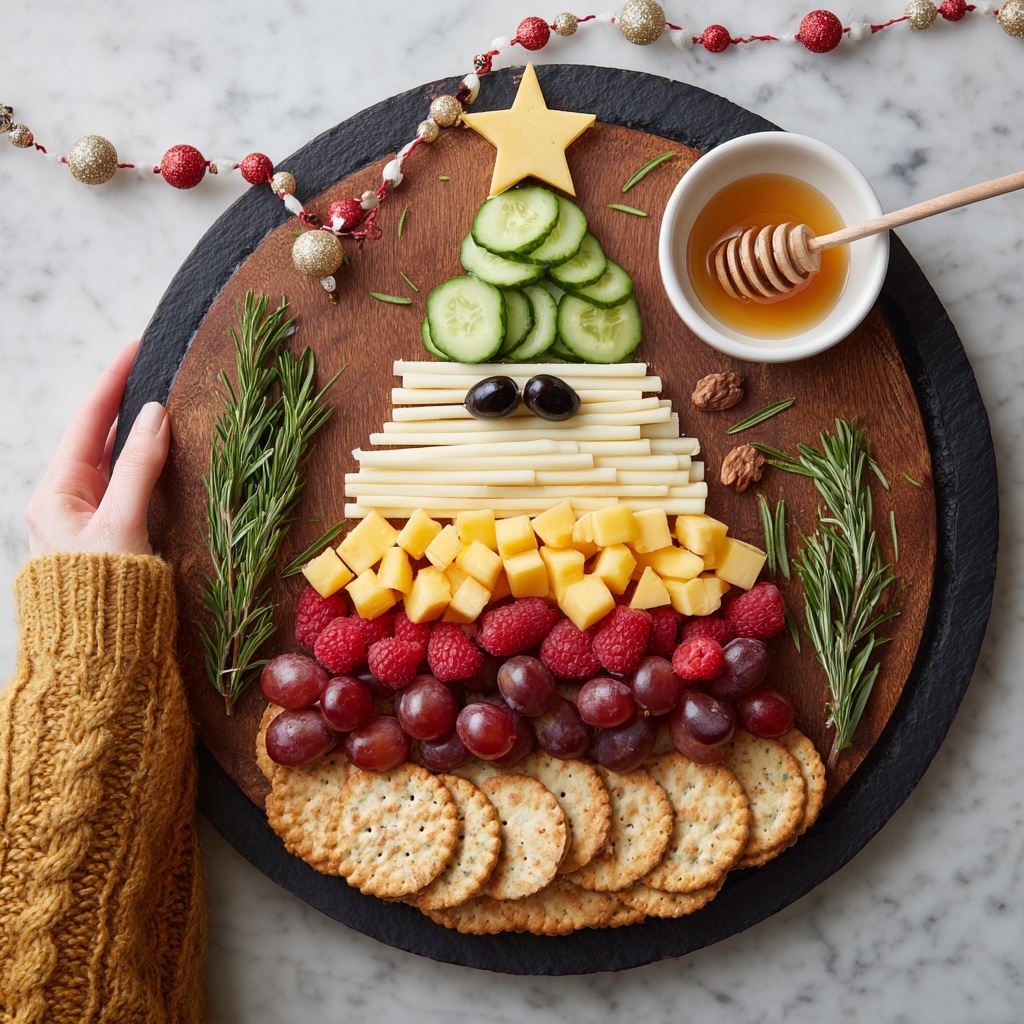 A round wooden board holds a Christmas tree shaped snack arrangement on a white marbled surface. The top layer has two yellow star-shaped cheese pieces and round crackers behind them in a fan shape. Below, folded slices of red cured meat form a row above small cubes of yellow cheese. Next is a layer of red raspberries with green olives and small golden candy pieces. Below that, light brown nuts sit in a row. Then comes a thick layer of thin cucumber slices decorated with rosemary sprigs and scattered golden candies. Below the cucumbers, a row of red grapes is placed. The next layer has white cheese sticks with rosemary sprigs on top. The base of the tree is made of light flat crackers lined in a curve. Around the board, small red and golden decorative balls are placed, and to the right, there is a small white bowl with golden honey and a honey dipper beside a cheese knife. A piece of red and white string and green pine sprigs add a festive touch. photo taken with an iphone --ar 2:3 --v 7