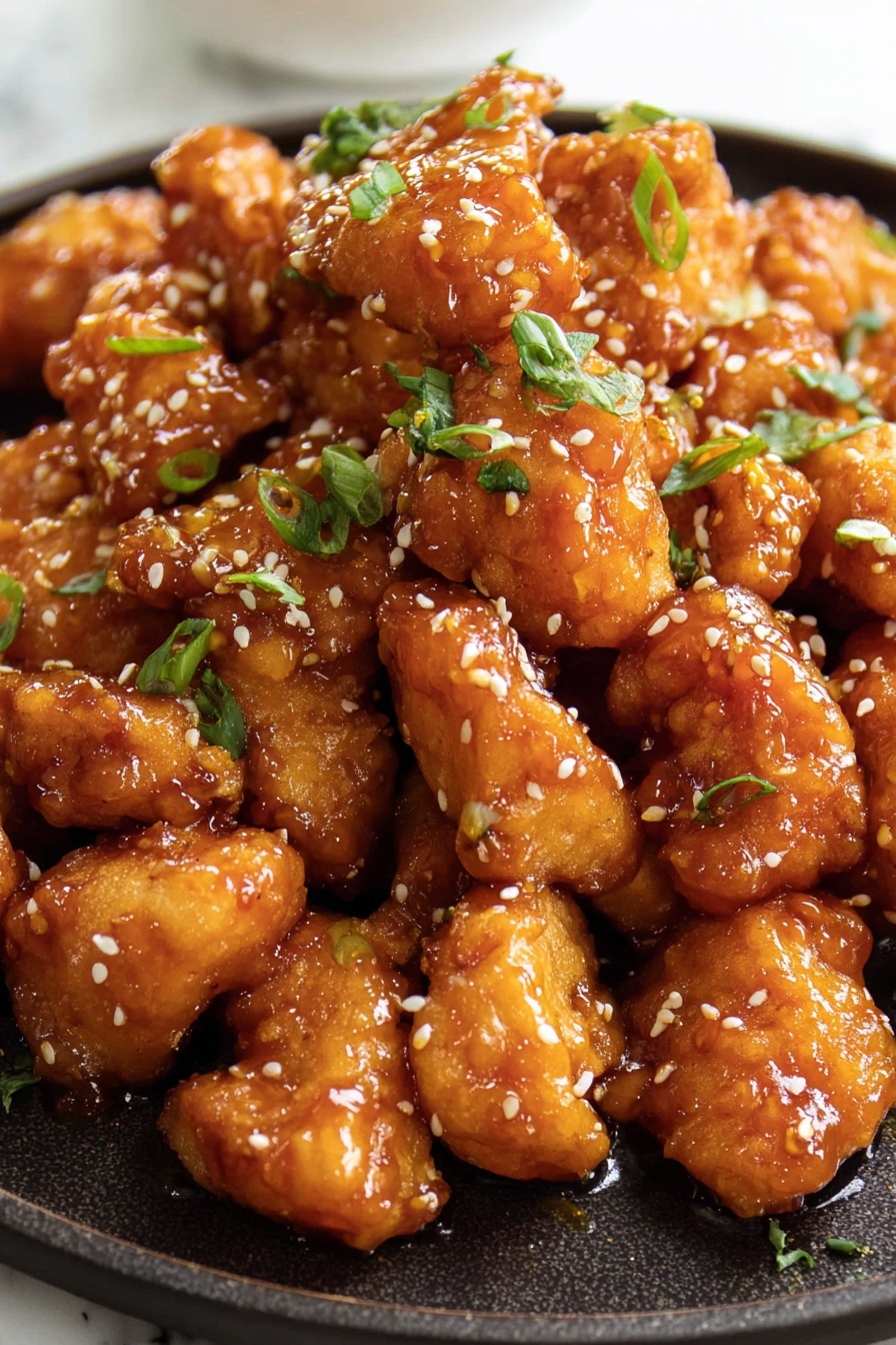 The image shows a black pan filled with small, golden brown chicken pieces covered in a shiny orange sauce. The chicken is scattered evenly with white sesame seeds and bright green chopped scallions on top, adding texture and color. Around the pan, there is a dark brown cloth and a wooden bowl filled with more chopped scallions on a white marbled surface. The chicken pieces have a slightly glossy and sticky look from the sauce, and the pan sits flat in the middle of the image. photo taken with an iphone --ar 2:3 --v 7