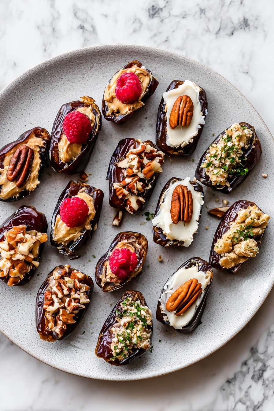 A round white plate holds a mix of dates filled with different toppings in neat rows. Each date is dark brown and split open to show the filling inside: creamy beige nut butter with bright red raspberries on top, smooth white cheese topped with a pecan and sprinkled with small green herb pieces, and chopped mixed nuts scattered over a lighter nut filling. The plate sits on a white marbled surface with a soft, natural light shining from above, highlighting the shiny texture of the dates and the fresh colors of the toppings. Photo taken with an iphone --ar 2:3 --v 7
