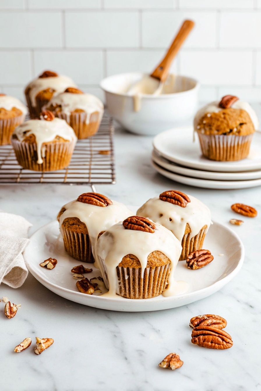 The image shows a close-up of a brown muffin with creamy white icing dripping down the sides, topped with a single pecan nut. The muffin has a textured, slightly rough surface and sits in a ridged paper cup. In the background, a few more muffins with similar white icing and pecans are slightly out of focus on a white marbled surface. The light is soft and bright, highlighting the textures and colors of the muffins and icing. photo taken with an iphone --ar 2:3 --v 7