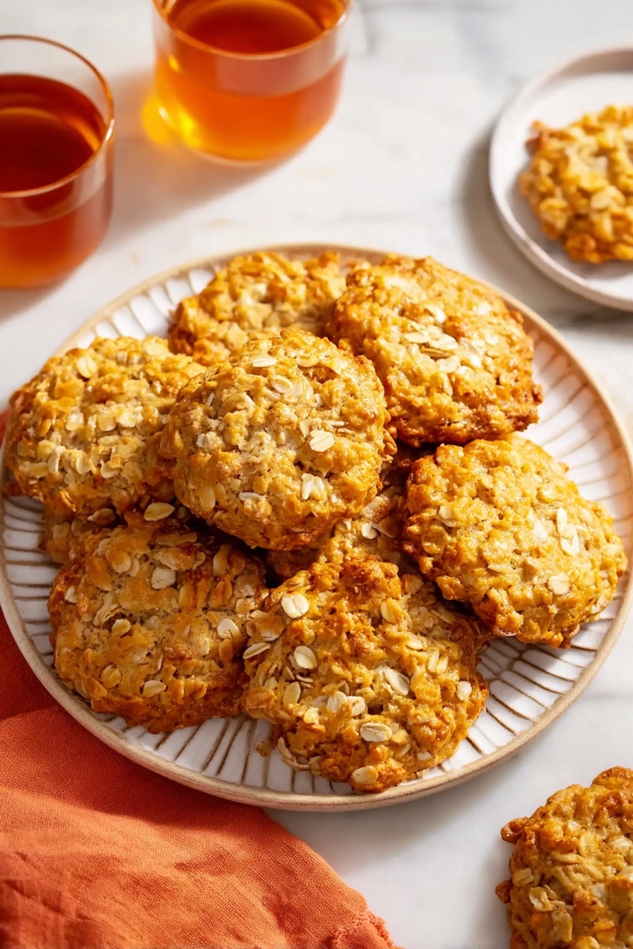 A white plate filled with a stack of golden oatmeal cookies showing a rough texture with visible oats and bits of wheat, arranged in a slightly piled way with some cookies overlapping. Nearby, there is a glass of amber-colored tea casting soft shadows on a white marbled surface. The cookies look soft but firm, with uneven edges and a light toasted color on top. The setup includes a folded orange cloth on the right side of the frame. photo taken with an iphone --ar 2:3 --v 7