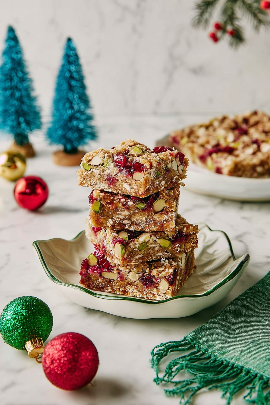 A stack of four thick bars is arranged on a small white dish with green trim. Each bar has a light brown crumbly base mixed with bright red pieces of fruit and scattered green pistachio nuts. The texture looks slightly crunchy with bits of white nuts inside. The dish sits on a white marbled surface surrounded by small blue Christmas tree decorations, a few colorful shiny ornaments, and a green cloth with fringed edges. In the background, there is a large white bowl and frosted red berries on a small black stand. The lighting is soft and natural, creating a cozy holiday feel. Photo taken with an iphone --ar 2:3 --v 7
