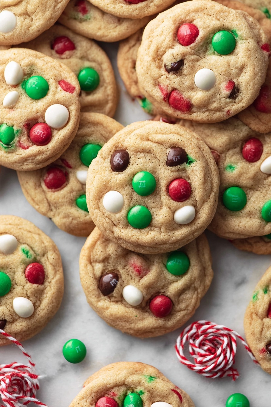 A pile of round cookies is shown on a white marbled surface, each cookie golden brown with a soft, slightly wrinkled texture. The cookies are studded with colorful candy pieces: red, green, and white small round candies along with some dark brown chocolate chips scattered unevenly on the top and through the cookies. A red and white twisted string is partially visible at the corner, adding a festive touch. The cookies are stacked and overlapping randomly, covering most of the surface. photo taken with an iphone --ar 2:3 --v 7