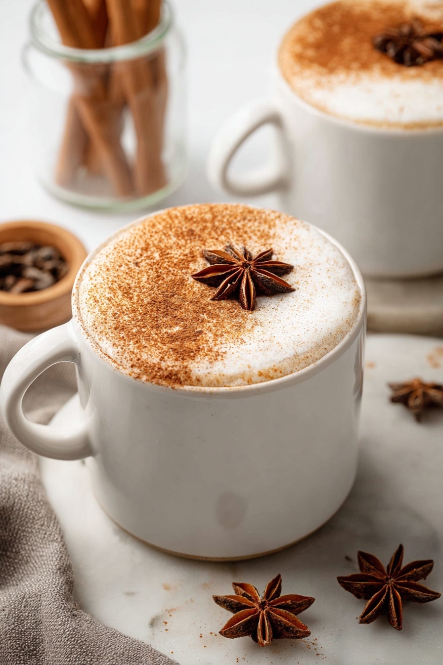 Two white mugs filled with frothy creamy drinks sit on a white marbled surface. Each drink has a thick layer of foam topped with a dusting of cinnamon powder covering about half the foam, and a single star anise placed in the center of the cinnamon. Around the mugs, there are several round, textured brown cookies and a piece of cloth with a star anise on it. The scene is bright with soft natural light, and one mug is closer to the front while the other is slightly behind. photo taken with an iphone --ar 2:3 --v 7