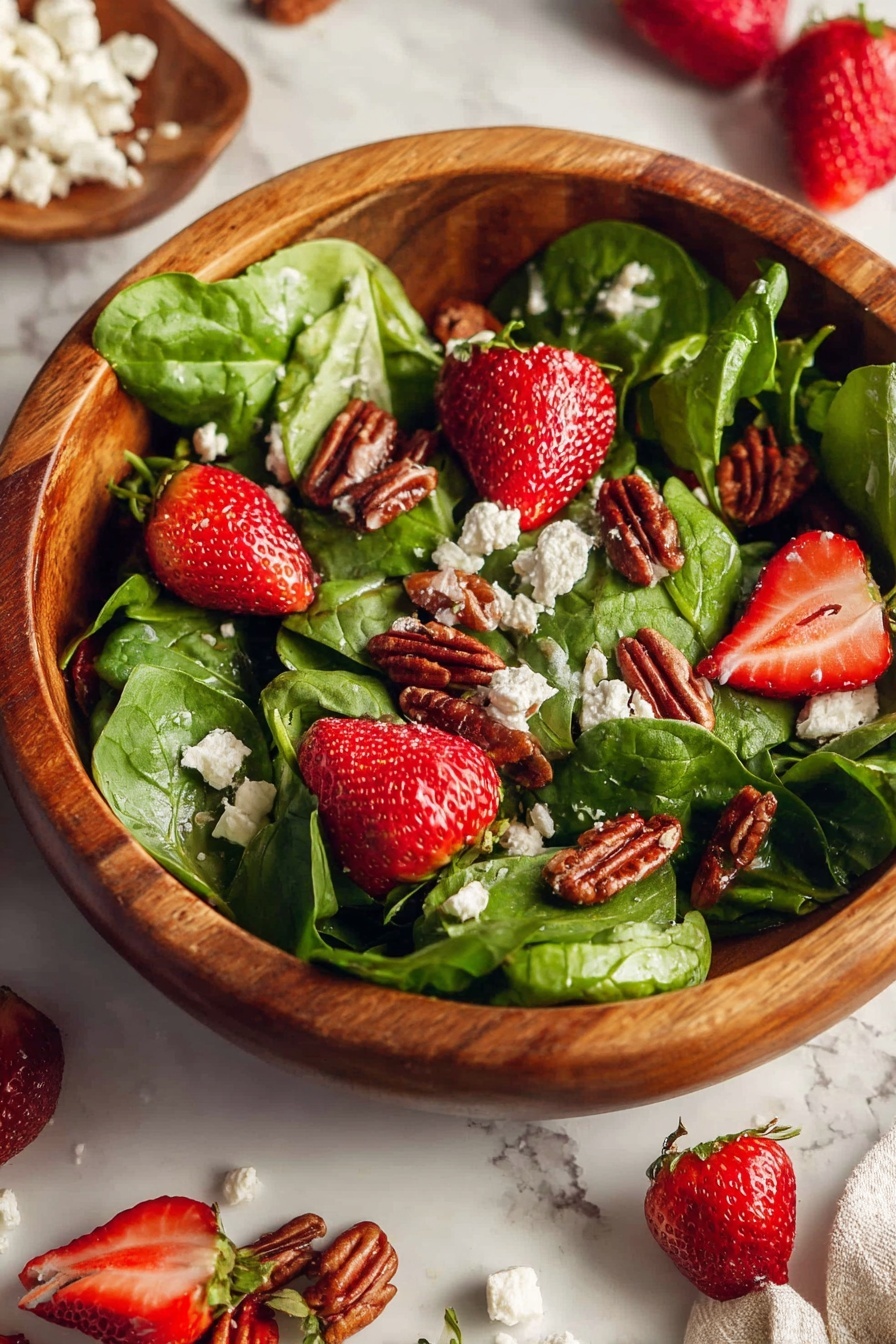 A wooden bowl filled with a fresh salad showing three main layers: the bottom layer has bright green spinach leaves with smooth texture, the middle layer has sliced red strawberries, some showing the white seeds and inner flesh, and the top layer is dotted with small white crumbles of cheese along with dark brown pecan halves scattered evenly. The bowl is placed on a white marbled surface with scattered pecans, some whole strawberries, a chunk of white cheese with crumbs around it, and a light cloth underneath. The lighting is soft and natural, showing fresh colors and textures clearly. Photo taken with an iphone --ar 2:3 --v 7