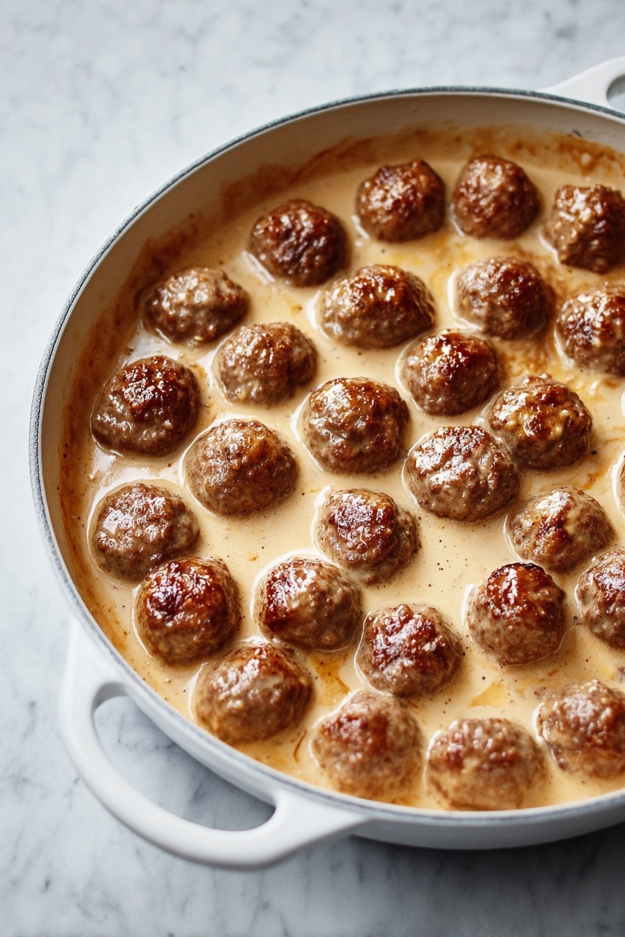 A white pan with two handles is filled with about 30 round meatballs that are browned on top. The meatballs are covered in a smooth light brown creamy sauce that fills the pan evenly, with some sauce sticking to the sides. The pan is placed on a white marbled surface, and the image is taken from above, showing the meatballs and sauce clearly. Photo taken with an iphone --ar 2:3 --v 7