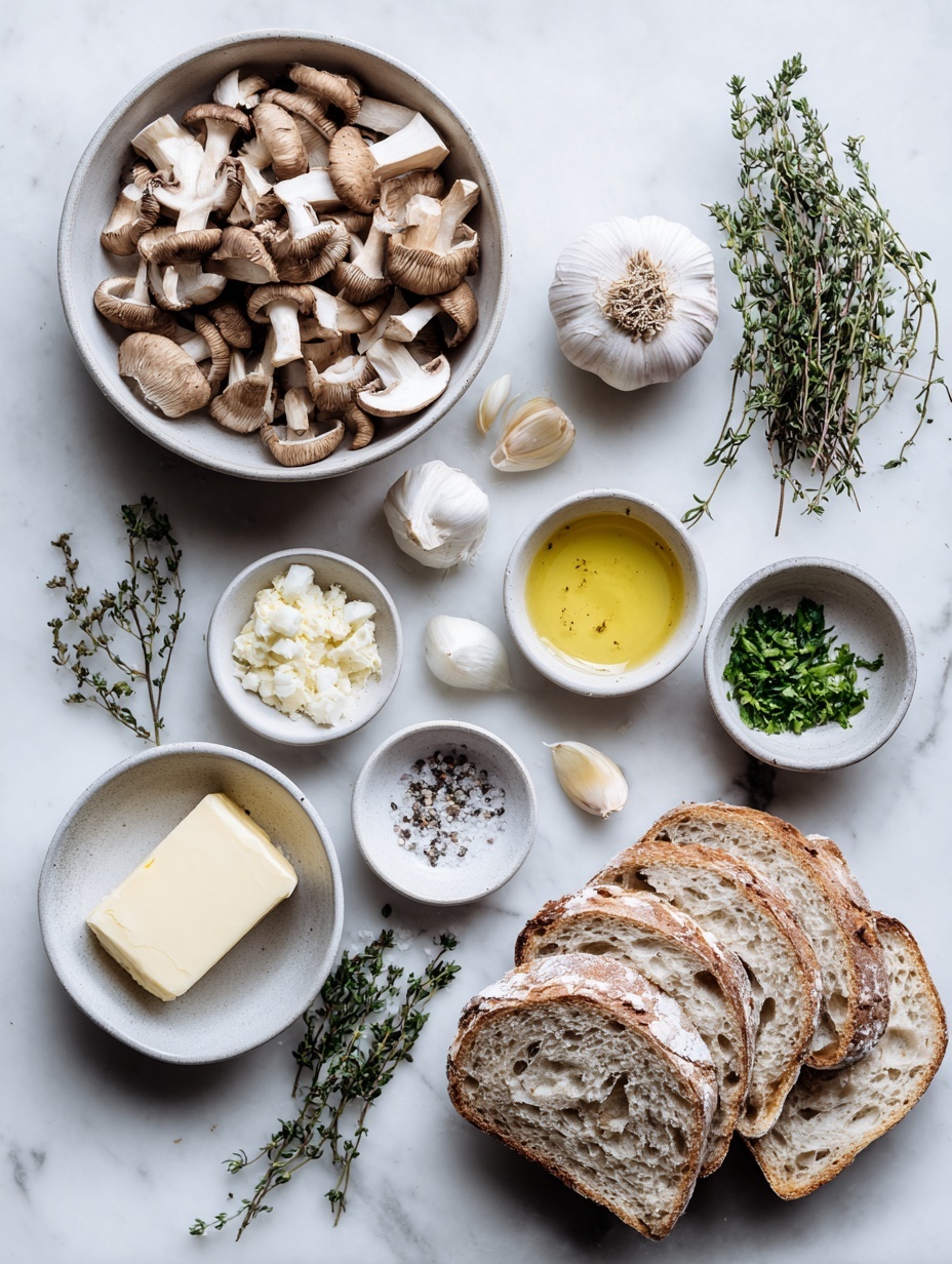 Flat lay of thickly sliced fresh chestnut mushrooms, a few whole garlic cloves alongside two cloves minced in a small white ceramic bowl, a small white bowl of golden olive oil, a small white bowl with a slab of creamy salted butter, four rustic slices of day-old sourdough bread, several sprigs of fresh thyme, a small white bowl filled with finely chopped vibrant flat-leaf parsley, a small white bowl containing coarse sea salt, and another small white bowl of freshly ground black pepper, all arranged symmetrically on a clean white marble surface, soft natural light, photo taken with an iPhone, professional food photography style, fresh ingredients, white ceramic bowls, no bottles, no duplicates, no utensils, no packaging --ar 2:3 --v 7 --p m7354615311229779997