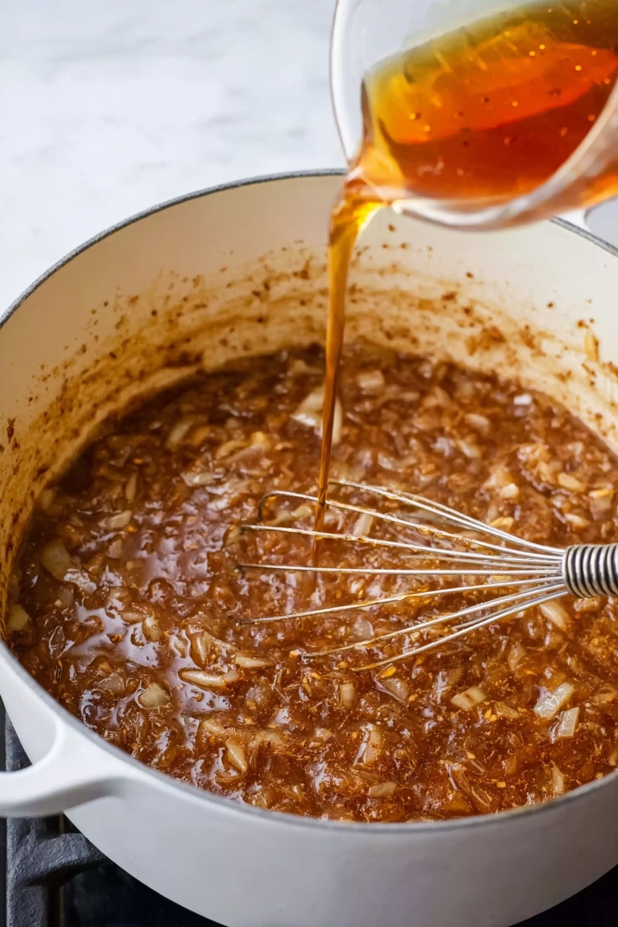 A white pot filled with a thick mixture of cooked onions and brown spices, showing soft, translucent onion slices coated in a rich, brown sauce with some granules and bits mixed in. A woman's hand is pouring a golden-brown liquid into the pot while using a metal whisk to stir the mixture. The background surface is white marble. Photo taken with an iphone --ar 2:3 --v 7