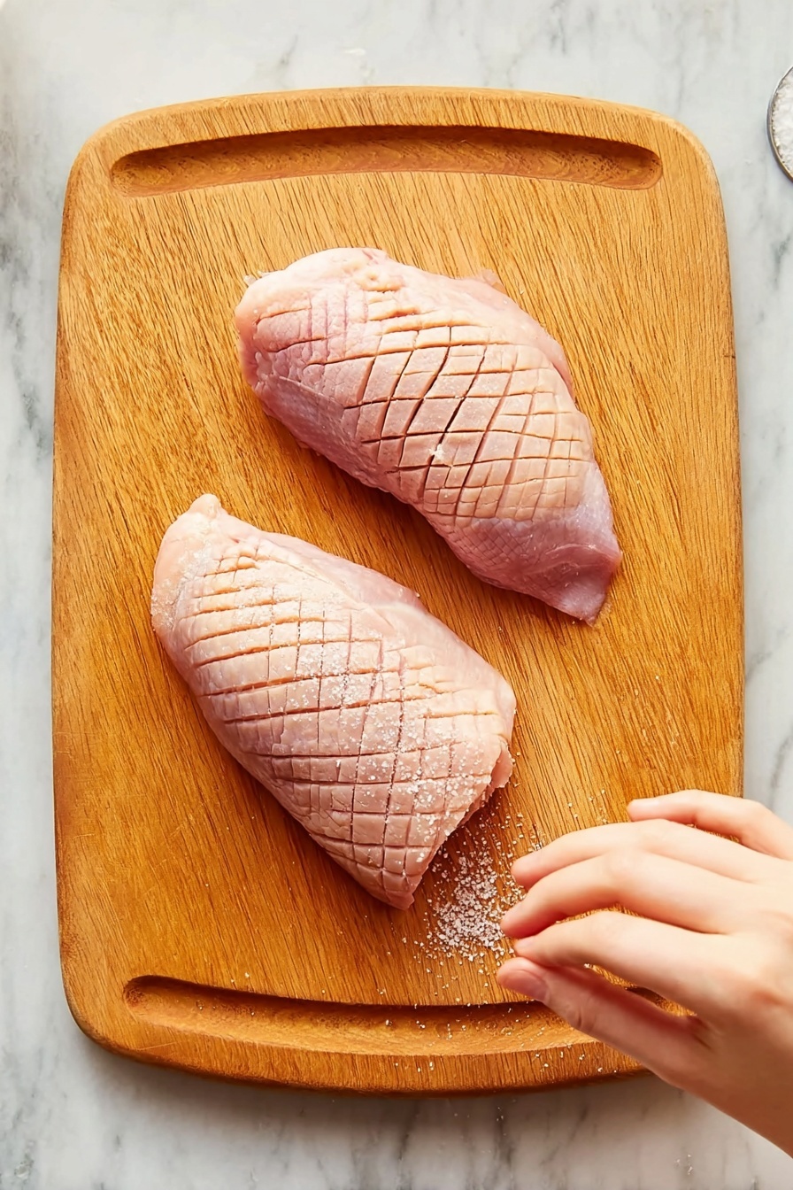 The image shows two raw duck pieces placed side by side on a wooden cutting board. Each piece has a diamond pattern scored deeply into the pale pink skin, revealing some slight marbling beneath. The texture of the skin looks soft and slightly wet. On the right side, a woman's hand is seen sprinkling salt or seasoning over the right duck piece. The cutting board has a warm wood grain pattern, and beneath it, the surface is a white marbled texture. photo taken with an iphone --ar 2:3 --v 7