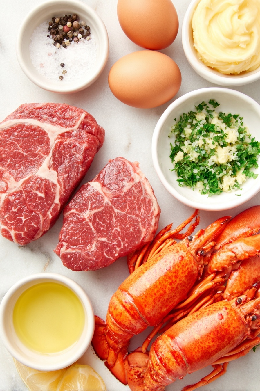 Flat lay of two raw filet mignon steaks with a rich red color and subtle marbling, two fresh lobster tails with bright orange shells split in half lengthwise revealing white lobster meat, a small mound of softened pale yellow butter mixed with finely minced shallot, garlic, and vibrant green parsley shaped into a log, a small white ceramic bowl filled with golden olive oil, a small white ceramic bowl containing minced bright green fresh parsley, a whole uncracked smooth garlic clove, two whole uncracked brown eggs, a small white ceramic bowl holding fresh lemon juice, bright yellow lemon wedges arranged neatly, and small white ceramic bowls with coarse kosher salt crystals and freshly cracked black peppercorns, all placed on a clean white marble surface, soft natural light, photo taken with an iPhone, professional food photography style, fresh ingredients, white ceramic bowls, no bottles, no duplicates, no utensils, no packaging --ar 2:3 --v 7 --p m7354615311229779997