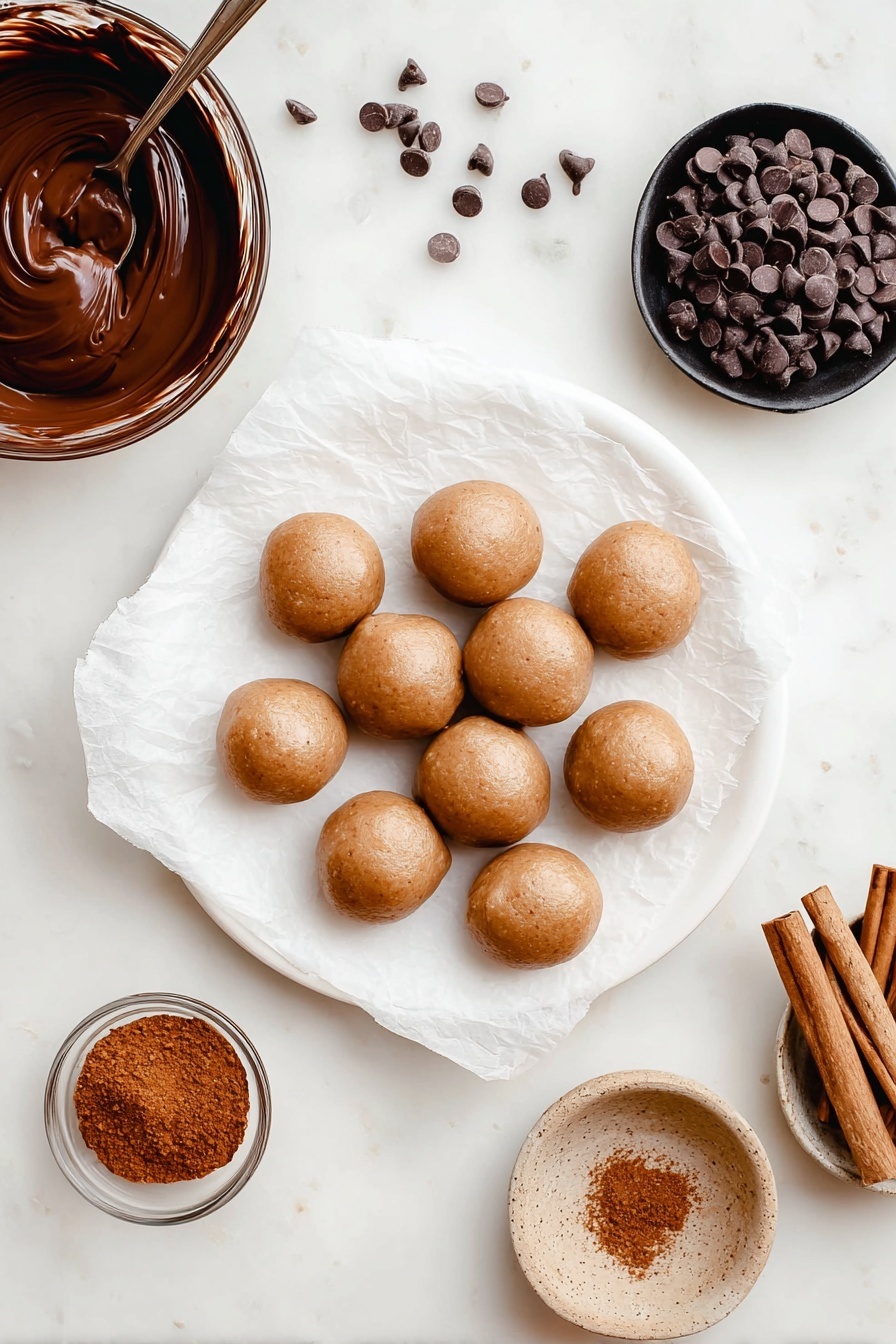 A white plate with a white paper on top holds twelve round brown dough balls, shiny and smooth, arranged loosely in a group. To the top left of the plate is a white bowl filled with melted dark brown chocolate being stirred by a spoon. On the top right beside the plate is a small round black dish with many dark chocolate chips inside, with several chips scattered nearby on the white marbled surface. A small clear bowl with ground cinnamon powder sits close by. Below and to the right of the plate is a speckled beige bowl holding three cinnamon sticks. The background surface is white marbled texture. photo taken with an iphone --ar 2:3 --v 7
