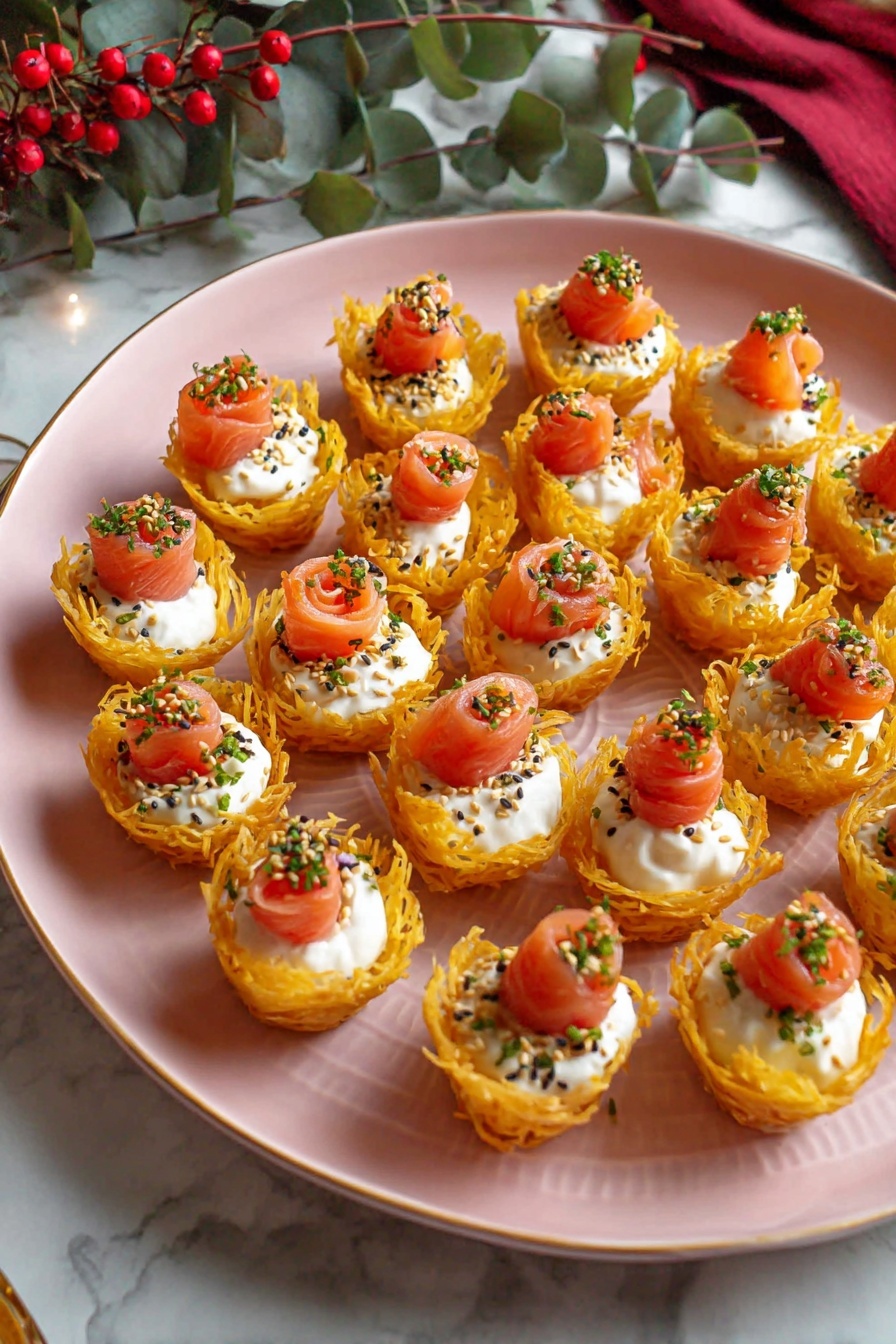The image shows a pink plate filled with small, round golden cups arranged in neat rows. Each cup has three layers: a crispy golden outer shell, a white creamy middle layer, and a small swirl of thin, red salmon on top. The cups are sprinkled with finely chopped green herbs and black and white sesame seeds. The plate is placed on a white marbled surface with holiday decorations in the background. photo taken with an iphone --ar 2:3 --v 7