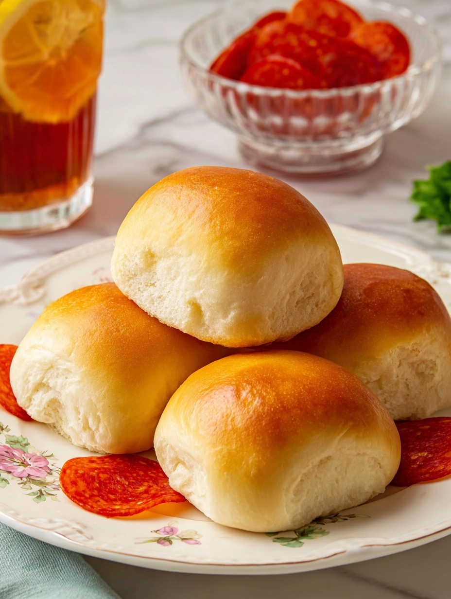 The image shows a white plate with four golden-brown baked rolls arranged close together, each roll smooth and shiny with a slightly rounded shape, showing small folds at the ends where the dough is sealed. Around the rolls are several bright red pepperoni slices, some slightly curled up at the edges. The plate sits on a white marbled surface. In the background, there is a clear glass bowl with more pepperoni slices and a mason jar filled with iced tea containing lemon slices visible inside. Some green leafy garnish is also slightly visible to the left side of the plate. The scene is bright and colorful with a fresh look, photo taken with an iphone --ar 2:3 --v 7