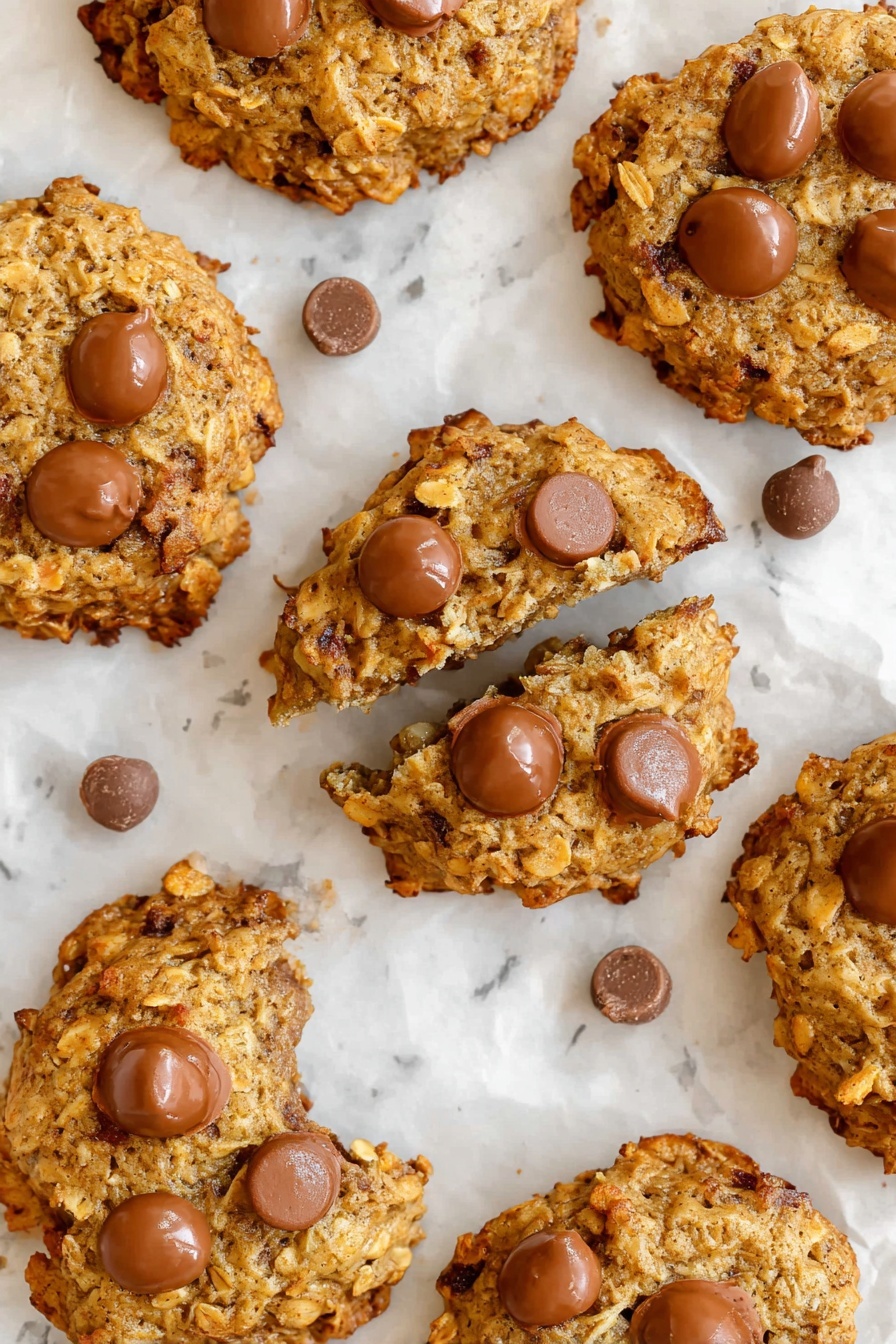 The image shows several round oatmeal cookies with melted chocolate chips on top, placed on white parchment paper over a white marbled surface. Each cookie is golden brown with a rough, textured surface made of oats, and the chocolate chips are glossy and slightly melted, sitting mostly in small groups on the top center of each cookie. One cookie is broken in half, revealing the soft, dense oat interior, and there are a few loose chocolate chips scattered around the cookies. The overall look is warm and inviting, with a contrast between the light brown oats and the dark chocolate. photo taken with an iphone --ar 2:3 --v 7