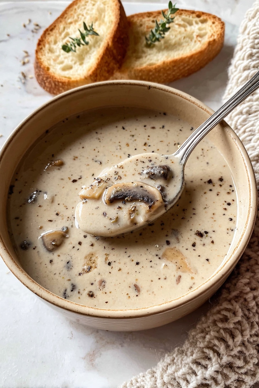 A white bowl filled with creamy mushroom soup that has a smooth light beige color with visible small mushroom pieces and black pepper specks throughout. A silver spoon holds a scoop of the soup, showing the thick and creamy texture mixed with tiny herbs. Behind the bowl, two slices of toasted bread with a golden crust lay on a soft beige fabric. The background is a white marbled surface. The photo is taken with an iphone --ar 2:3 --v 7