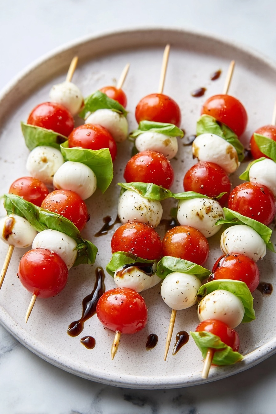 On a white plate with a light gray texture, there are six wooden skewers each holding three layers: top and bottom layers are bright red cherry tomatoes with a smooth and shiny surface, and the middle layer is a soft white mozzarella ball. Between each tomato and mozzarella, there is a fresh green basil leaf that looks soft with slight wrinkles. The skewers are drizzled with a dark brown balsamic glaze and sprinkled with a few small specks of black pepper. The plate sits on a white marbled surface photo taken with an iphone --ar 2:3 --v 7